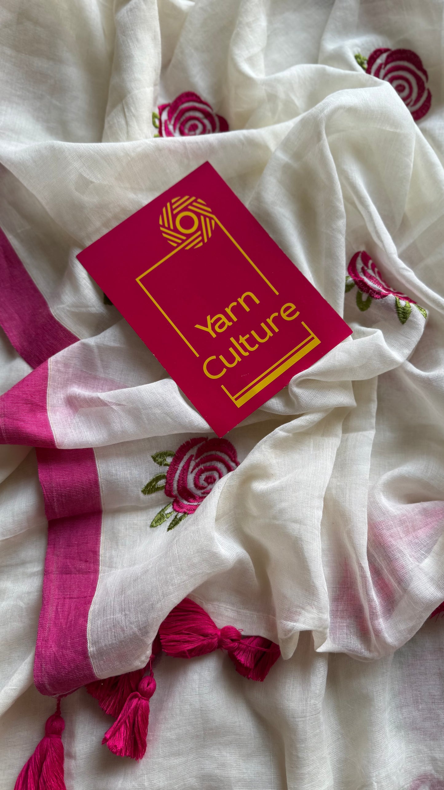 Cream mul with dark pink rose thread embroidery - YCBCMCNO74