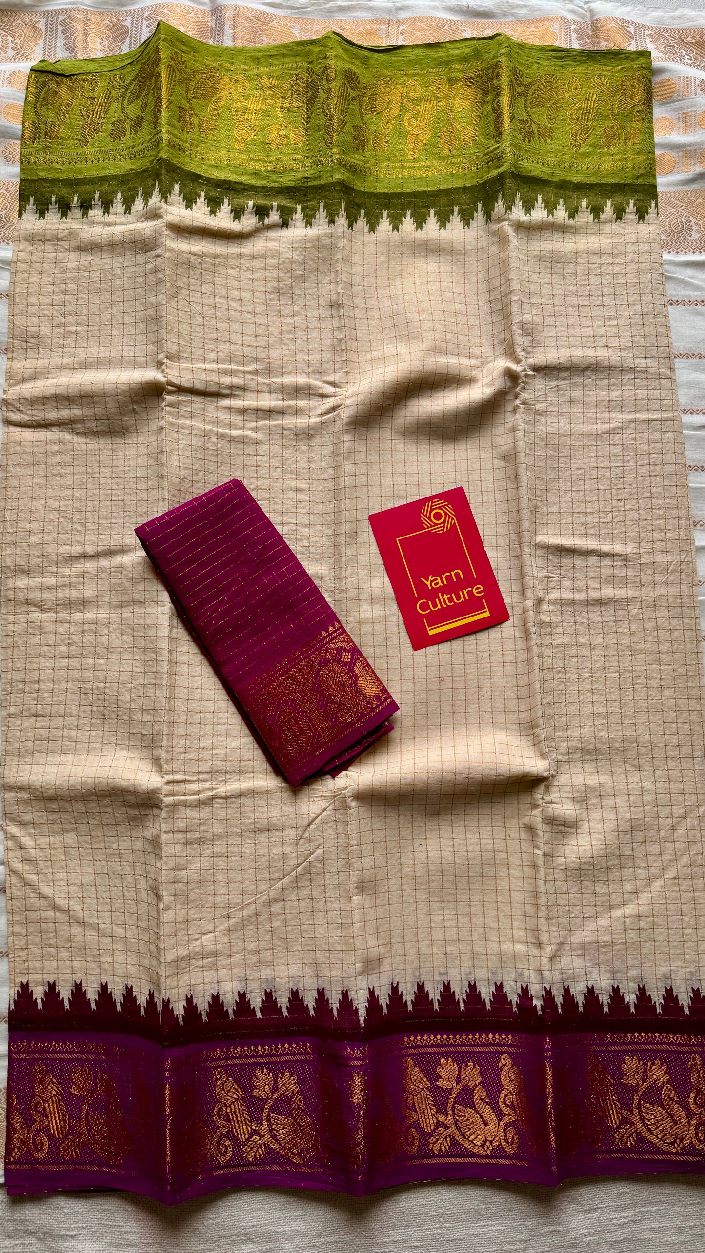 Sungudi cotton checks, ivory gold base, magenta and lime green dual tone border, soft cotton - YCCOTNMSJUL09