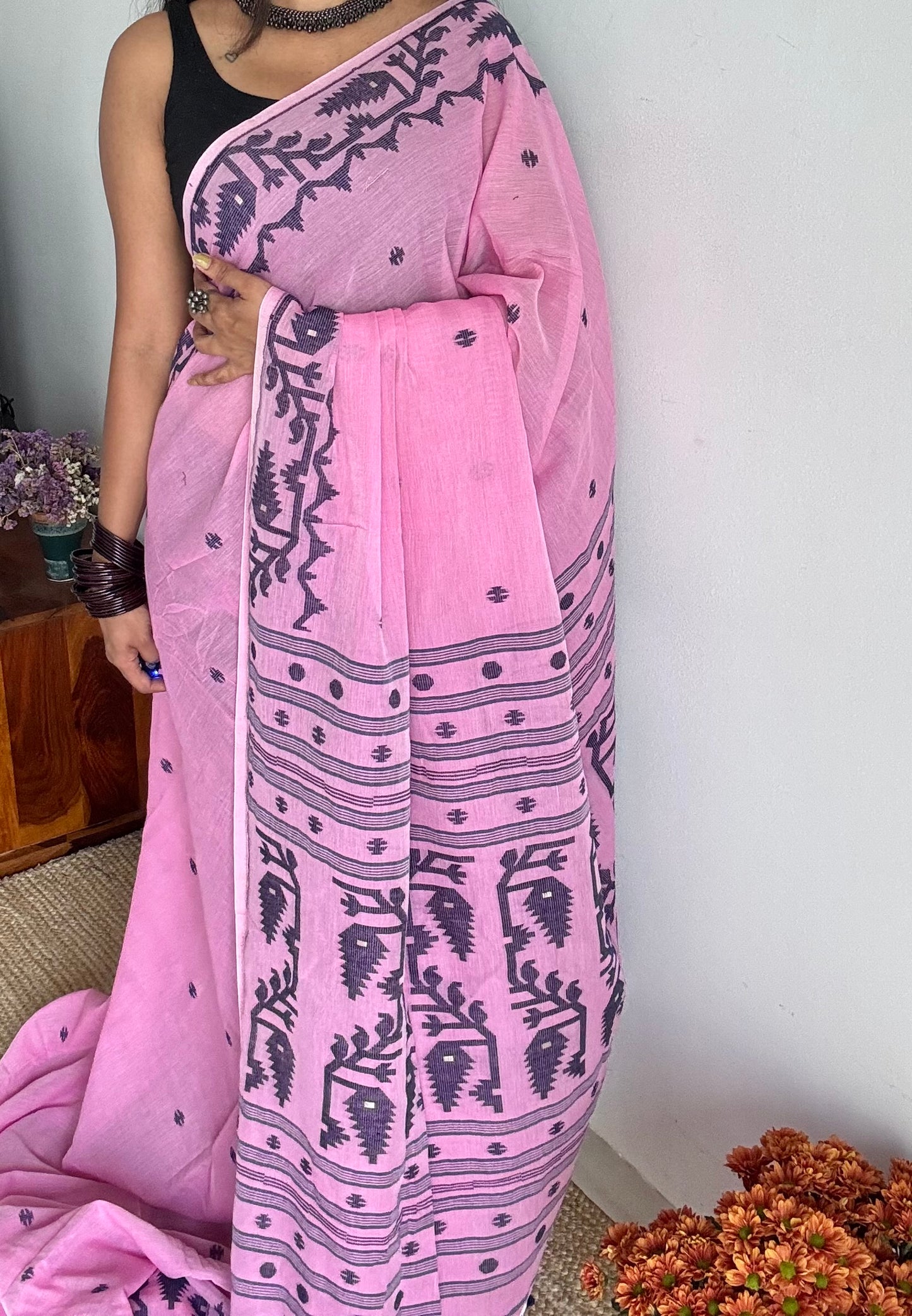 Pink with dark blue contrast jamdani saree in soft handloom cotton - YCBCJDFE379