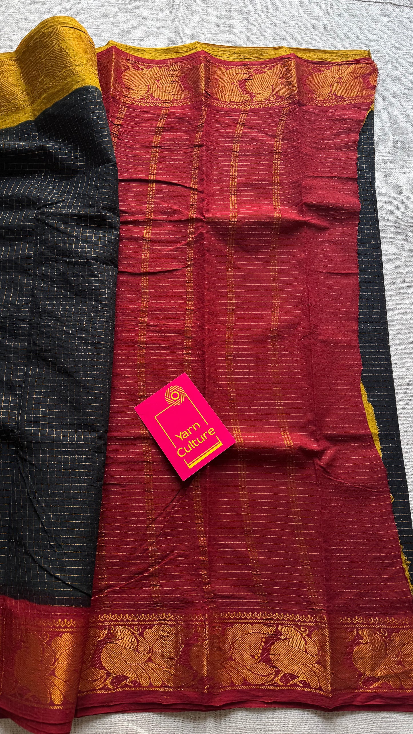 Sungudi cotton checks, black base, red and yellow dual tone border, soft cotton - YCCOTNGJJA181
