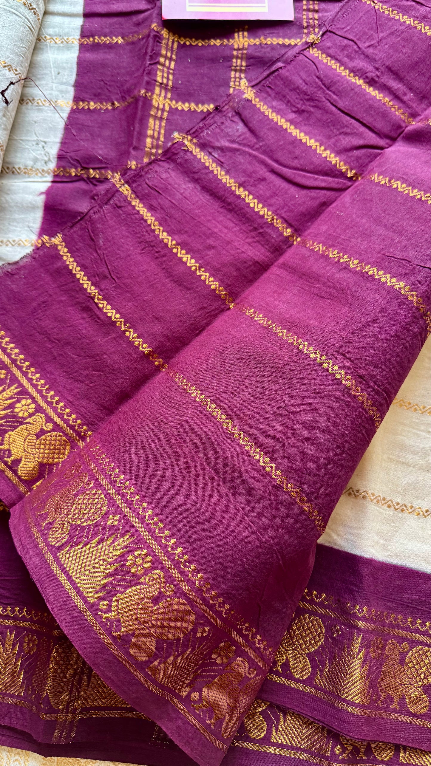 Ivory with maroon contrast velthaari sungudi, kattuchayam dyed madurai cotton - YCIEON103