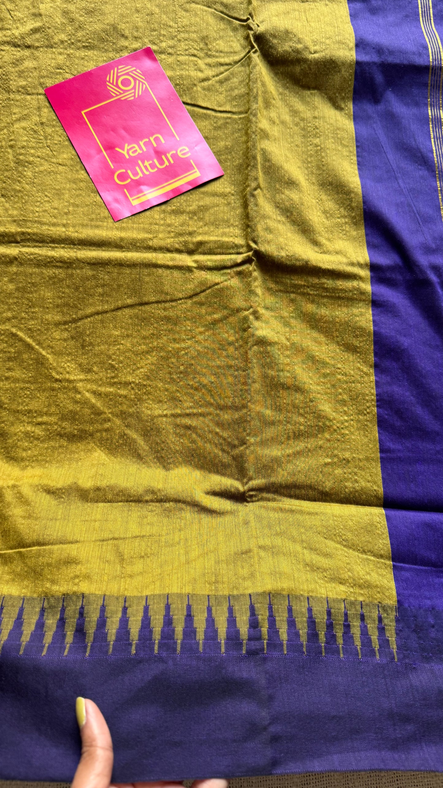 Light green with blue temple border, cotton silk - YCCOTNCSDE97