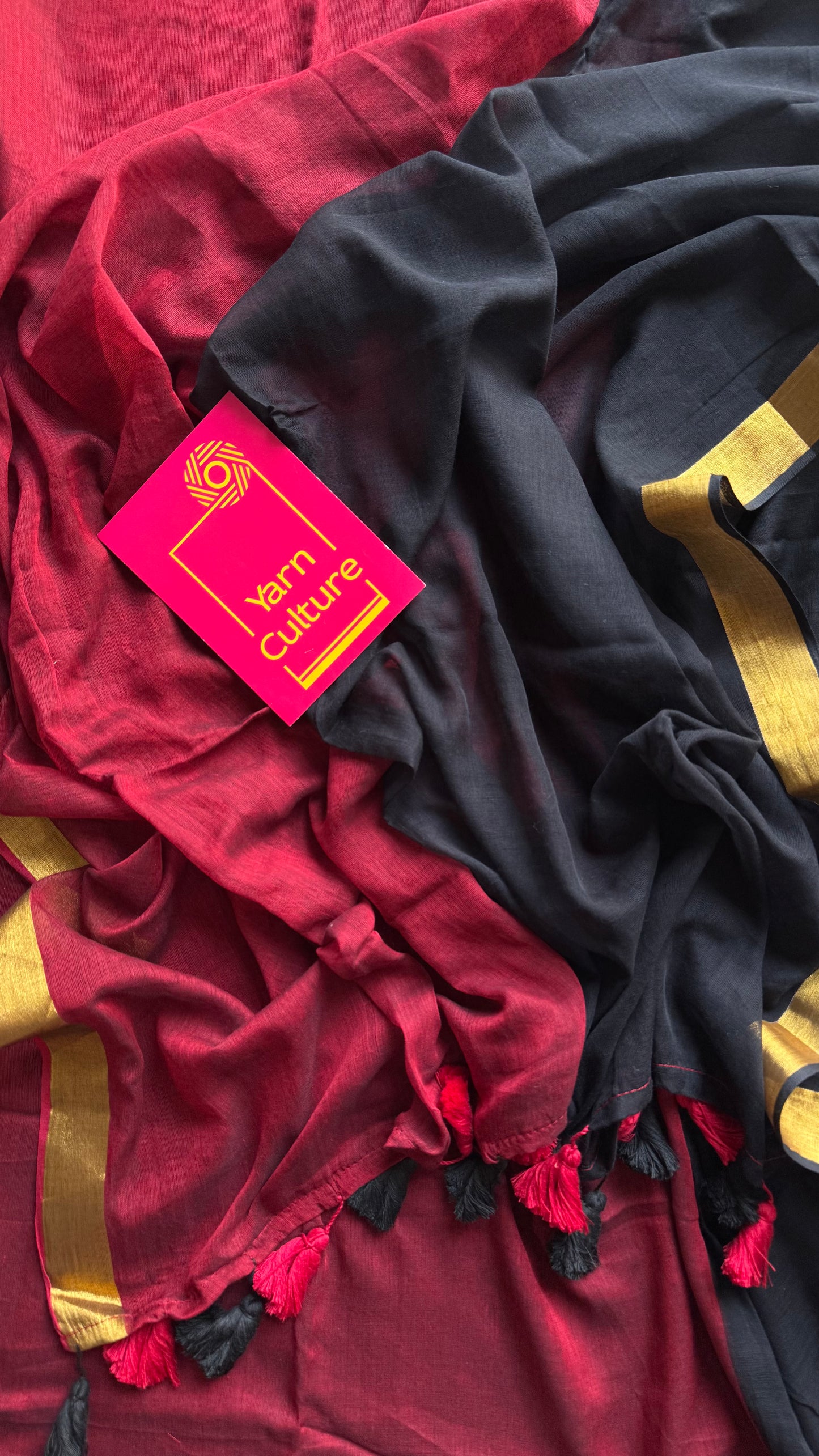 Black with dark red half-half patterned mul with zari border - YCBCMCNO77