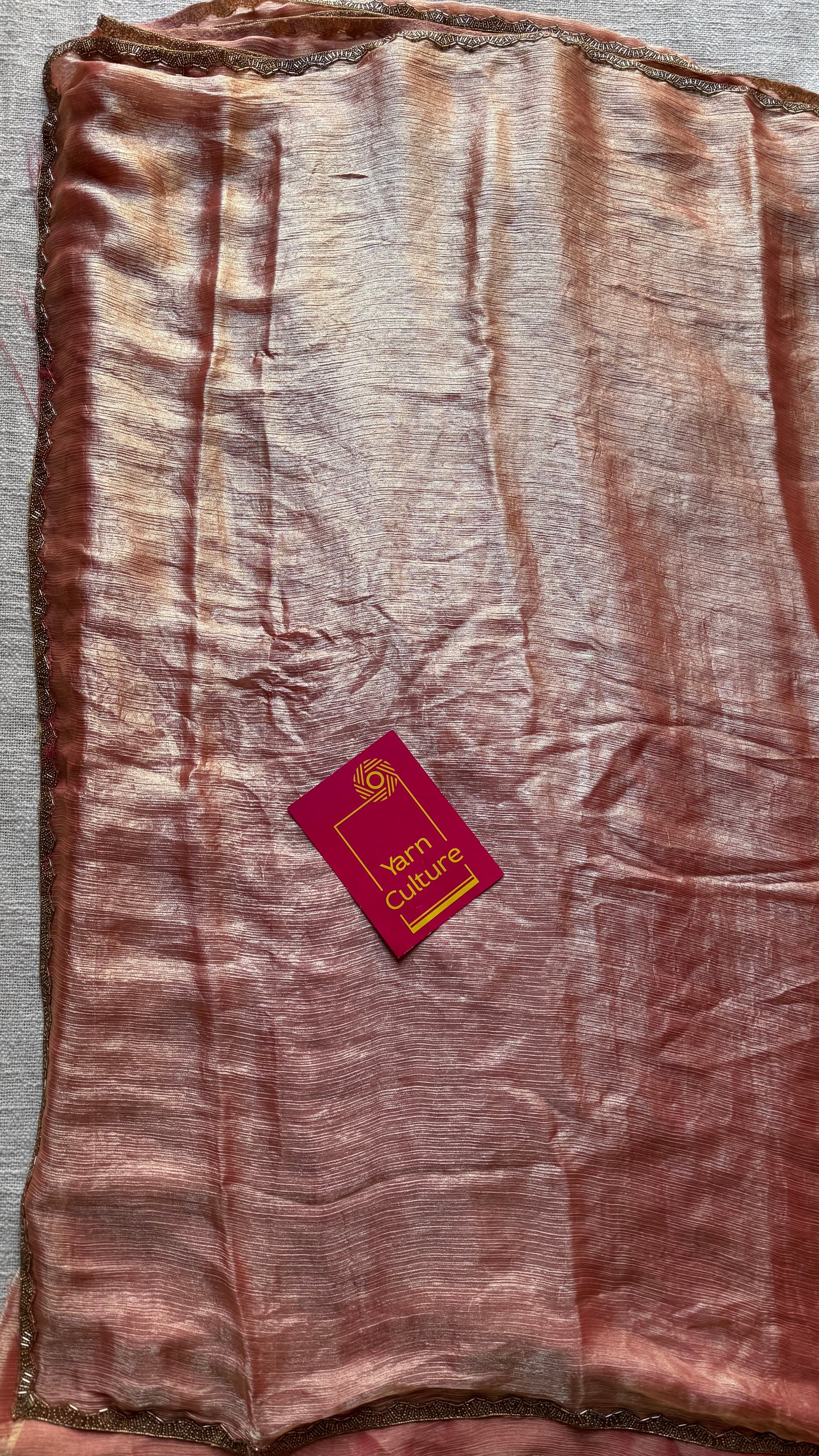 Peach Affair - peach pink hues, metallic dual tone space silk, embellished border - YCDOSDE60