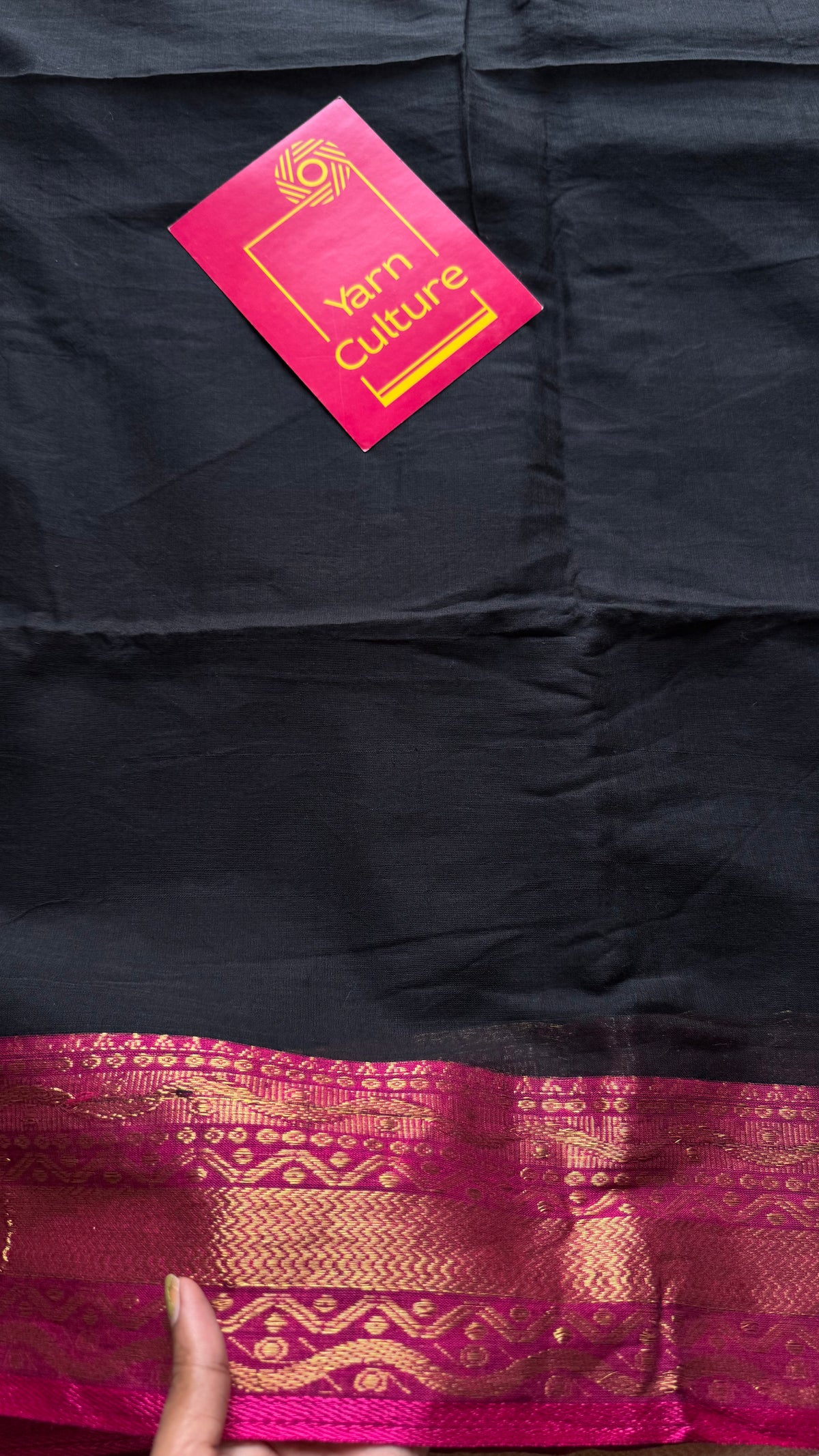 Black mul cotton saree with magenta kanchi inspired zari border - YCBCMCSE28