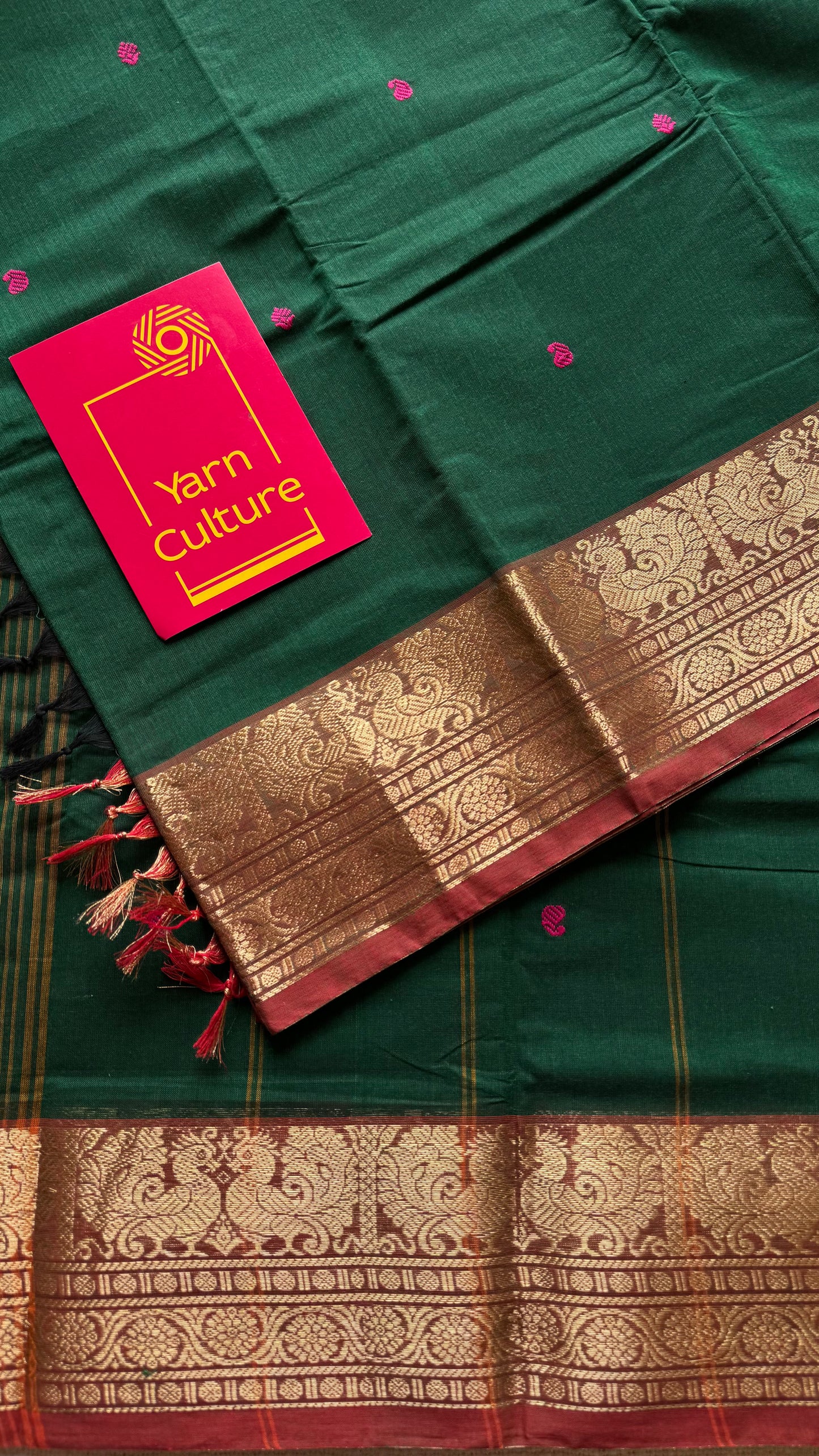 Dark green and brick red contrast, kanchi cotton saree - YCCOTNMA323