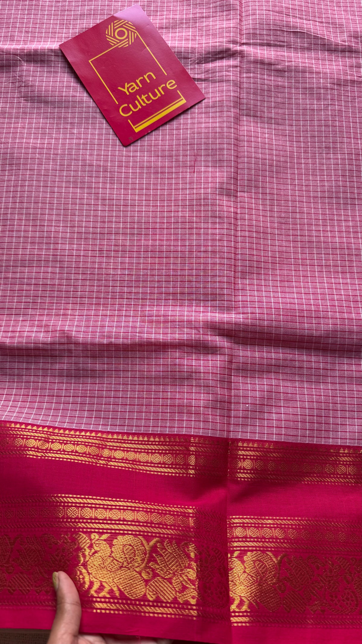 Pink checks with hot pink zari border kanchi cotton saree - YCCOTNCKSE21