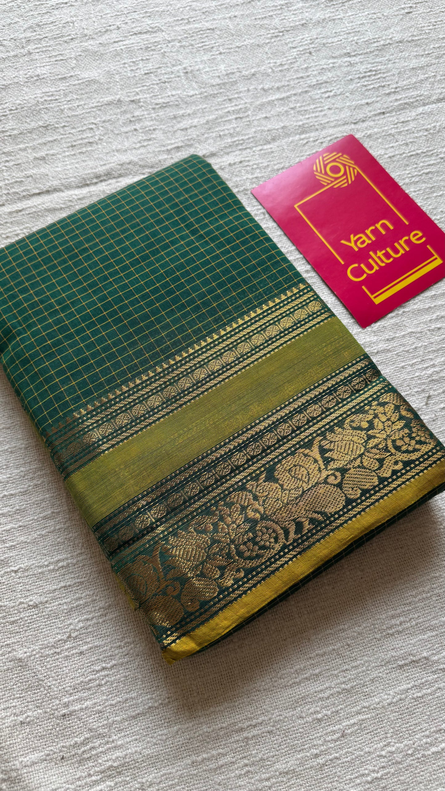 Kanchi cotton saree, green checks with korvai border - YCCOTNAP74