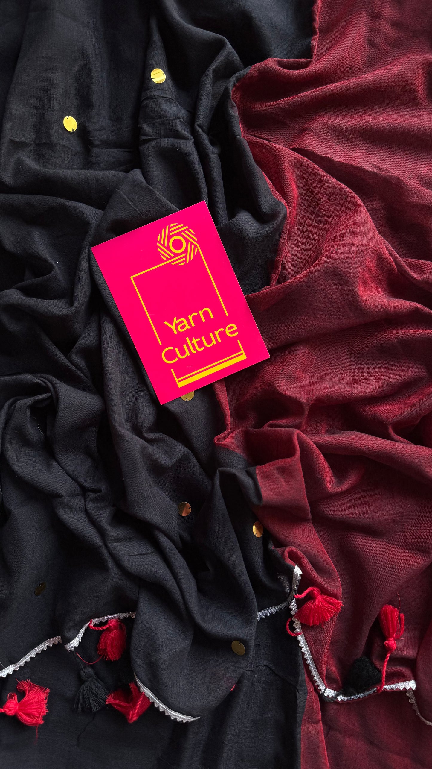 Maroon with black half-half patterned mul with sequins and silver lace border - YCBCMCNO72