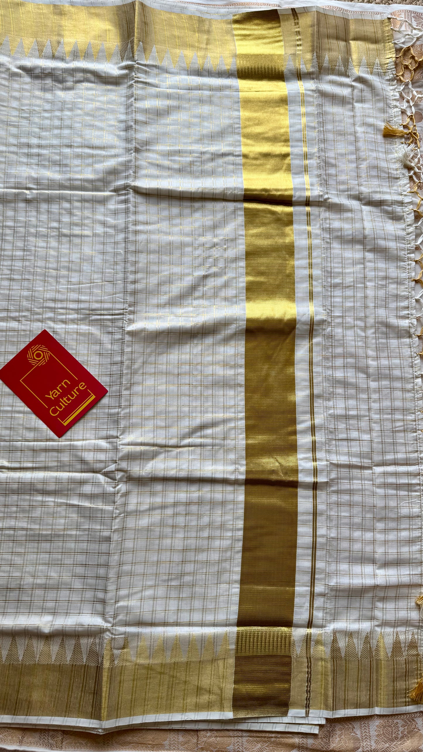 Ivory and gold kerala kasavu saree, checkered, temple border - YCIEON46