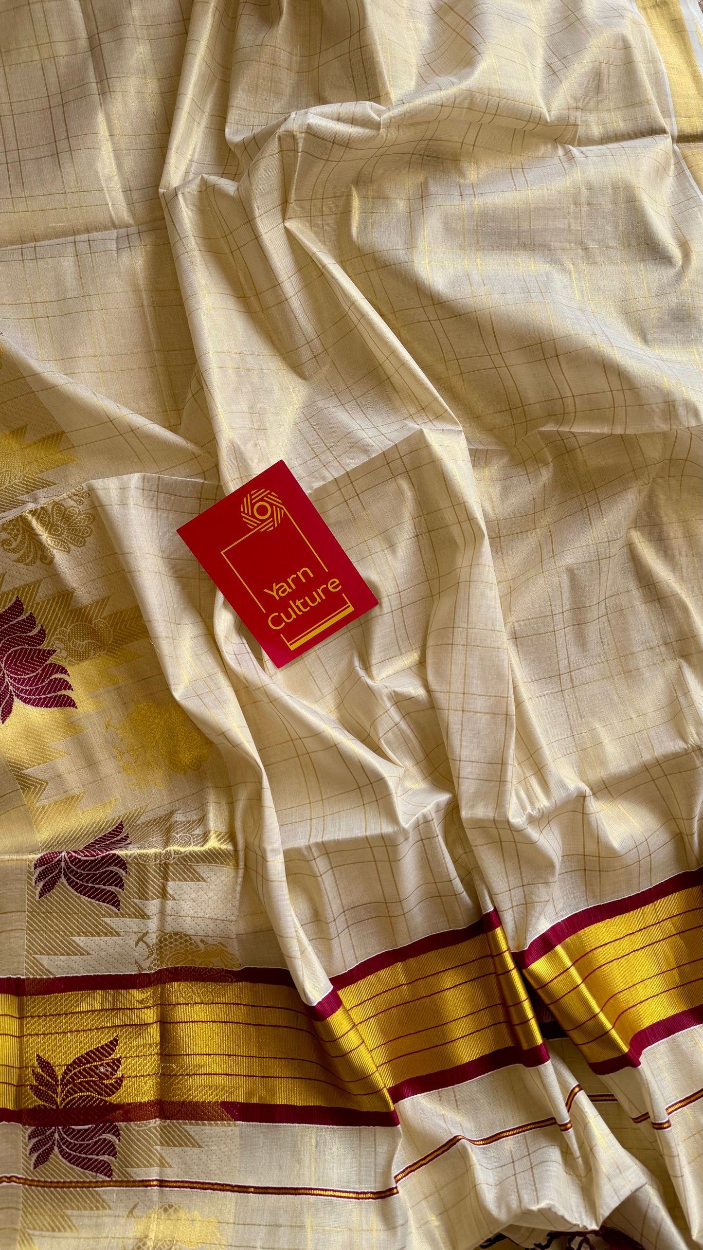 Ivory and gold kerala kasavu saree, maroon lotus motif border - YCIEON48