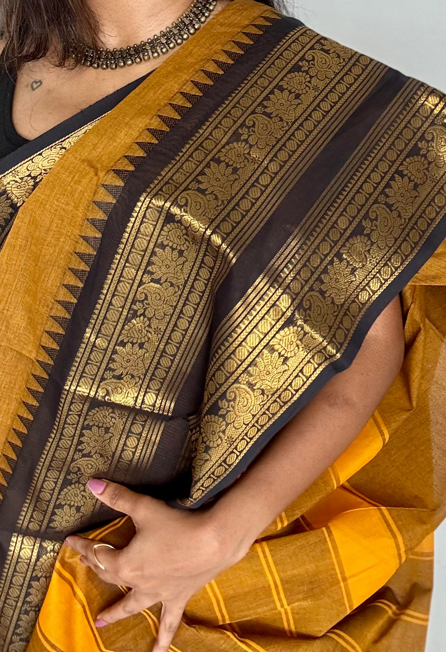 Mustard yellow with black, wide zari border, kanchi cotton - YCCOTNKCJA212