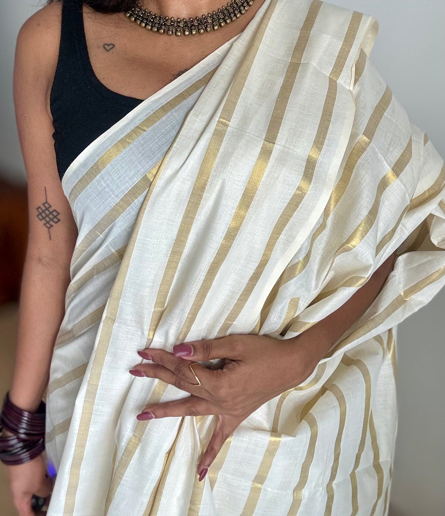 Ivory and gold soft cotton kasavu saree, broad gold stripes - YCIEON81