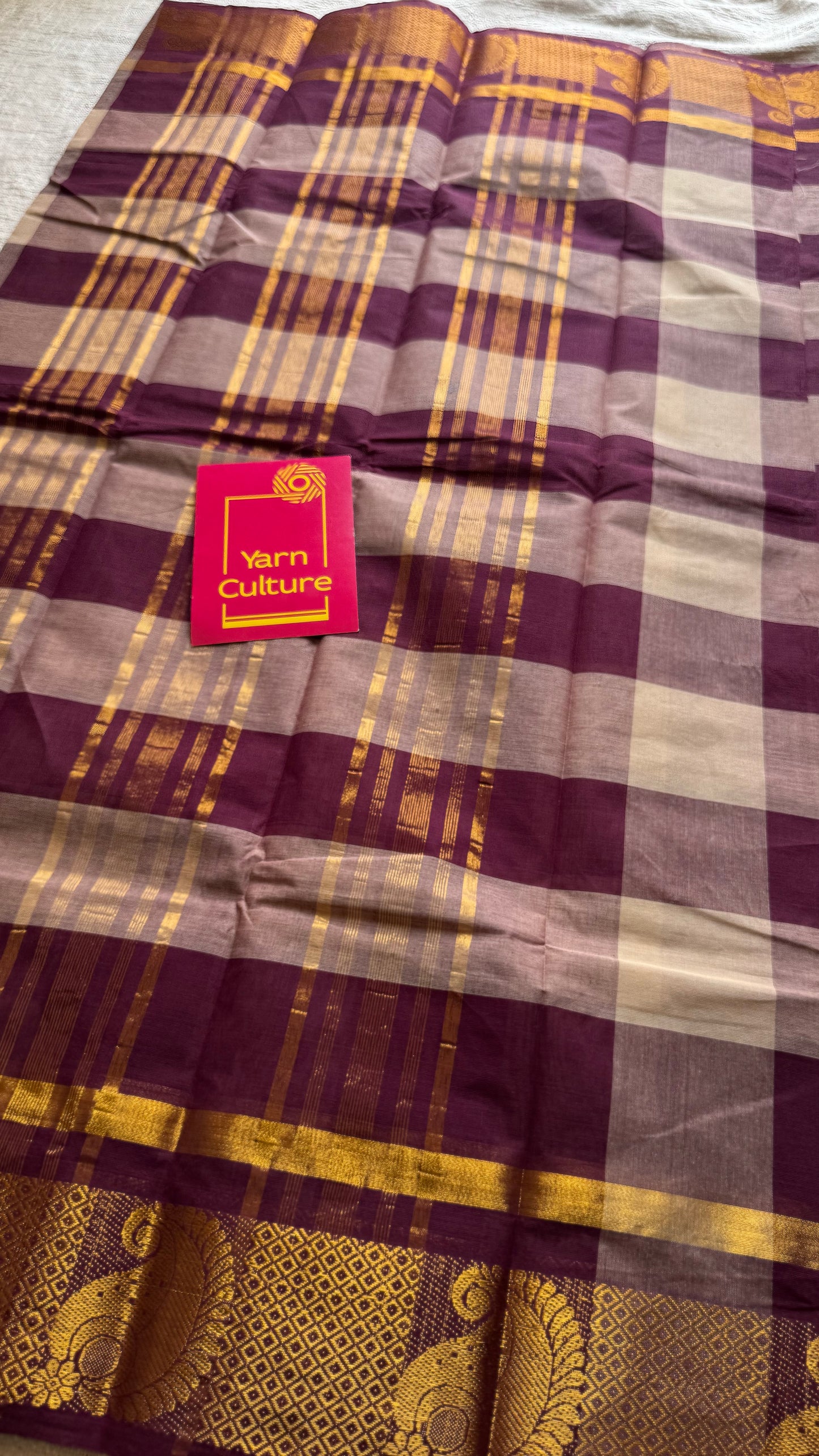 Chettinad cotton saree with cream and maroon checks, paisley motif border - YCCOTNAP63