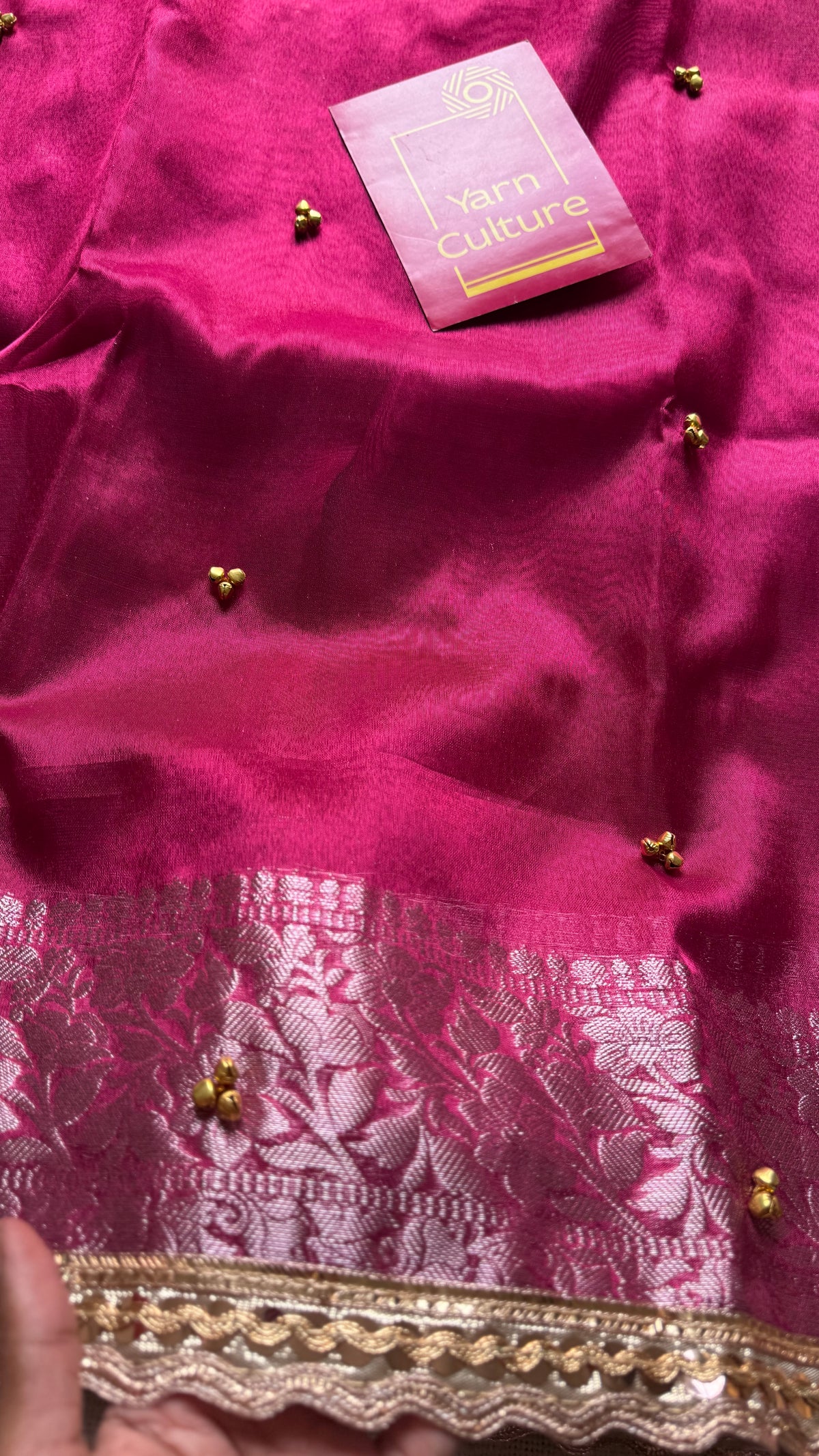 Raspberry pink silver tissue Banarasi saree with lace zari border - YCBLTOC68