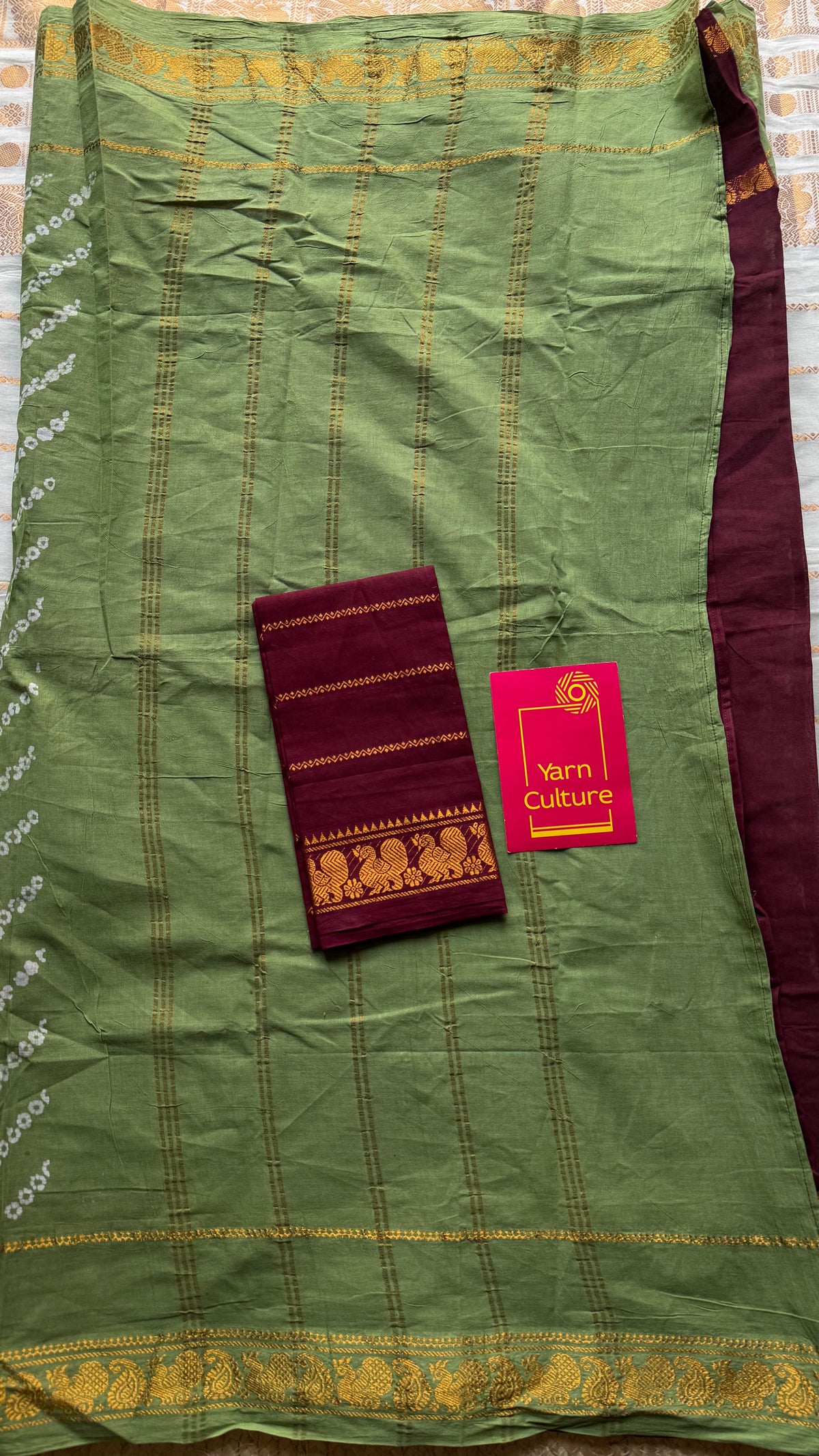 Pista green with maroon, cotton half and half saree - YCCOTNIDOC140