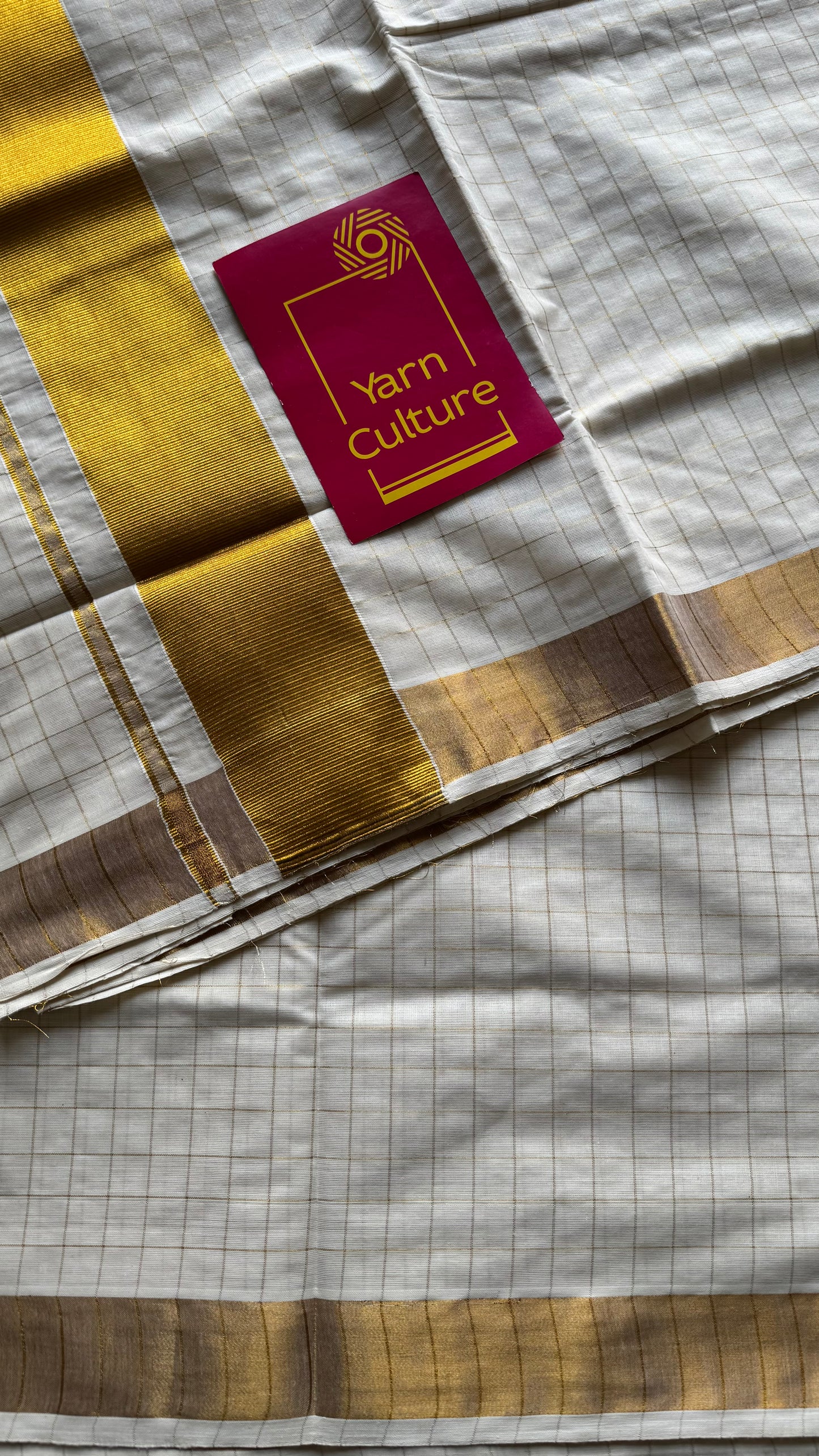 Ivory Kerala cotton saree with gold checks - YCIEKCFE318