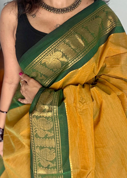 Brownish yellow with green contrast border, chettinad cotton - YCCOTNOCCC01