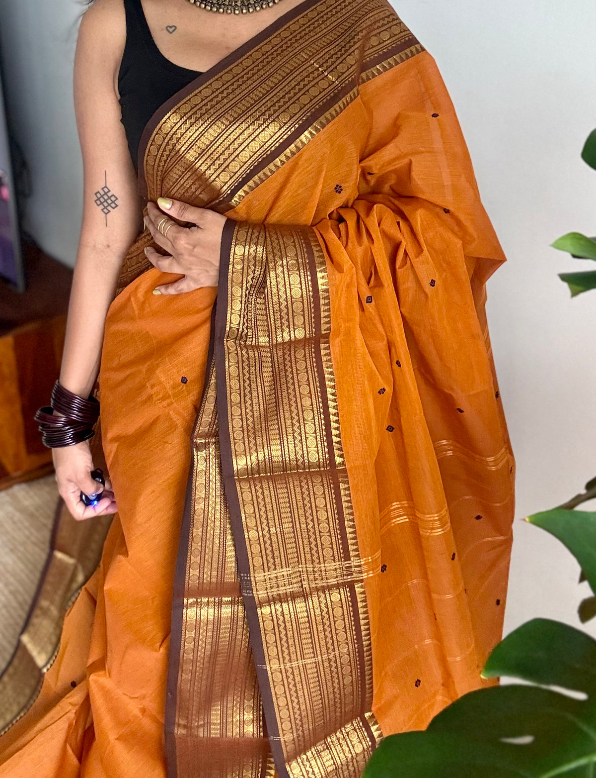 Orange with brown zari border chettinad cotton saree - YCCOTNCKSE16