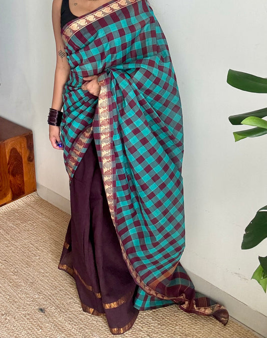 Turquoise multi checks with brown, sungudi and chettinad cotton half-half saree - YCCOTNIDOC35