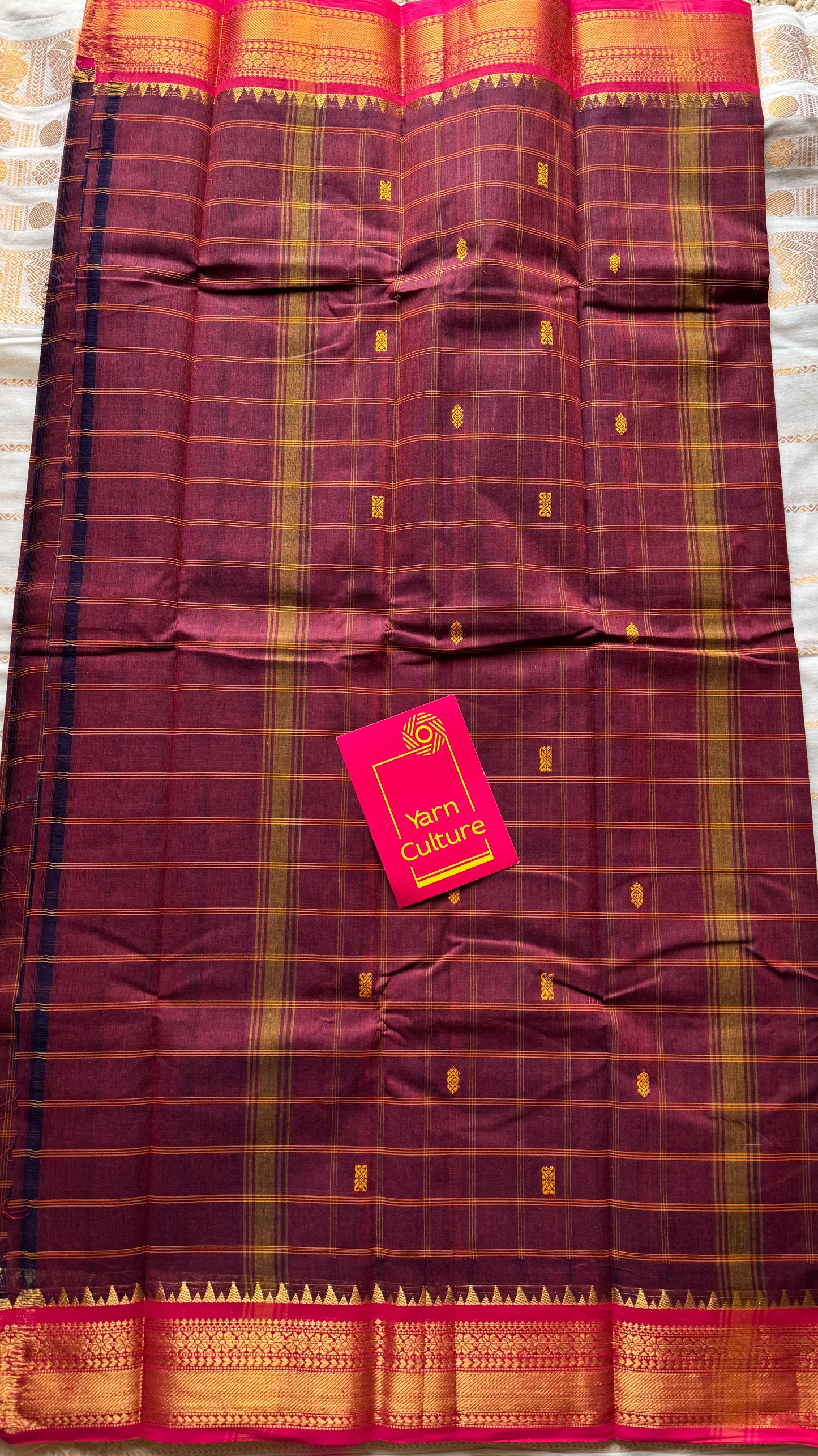 Maroon and fuchsia pink contrast, checkered Chettinad cotton saree - YCCOTNMA266