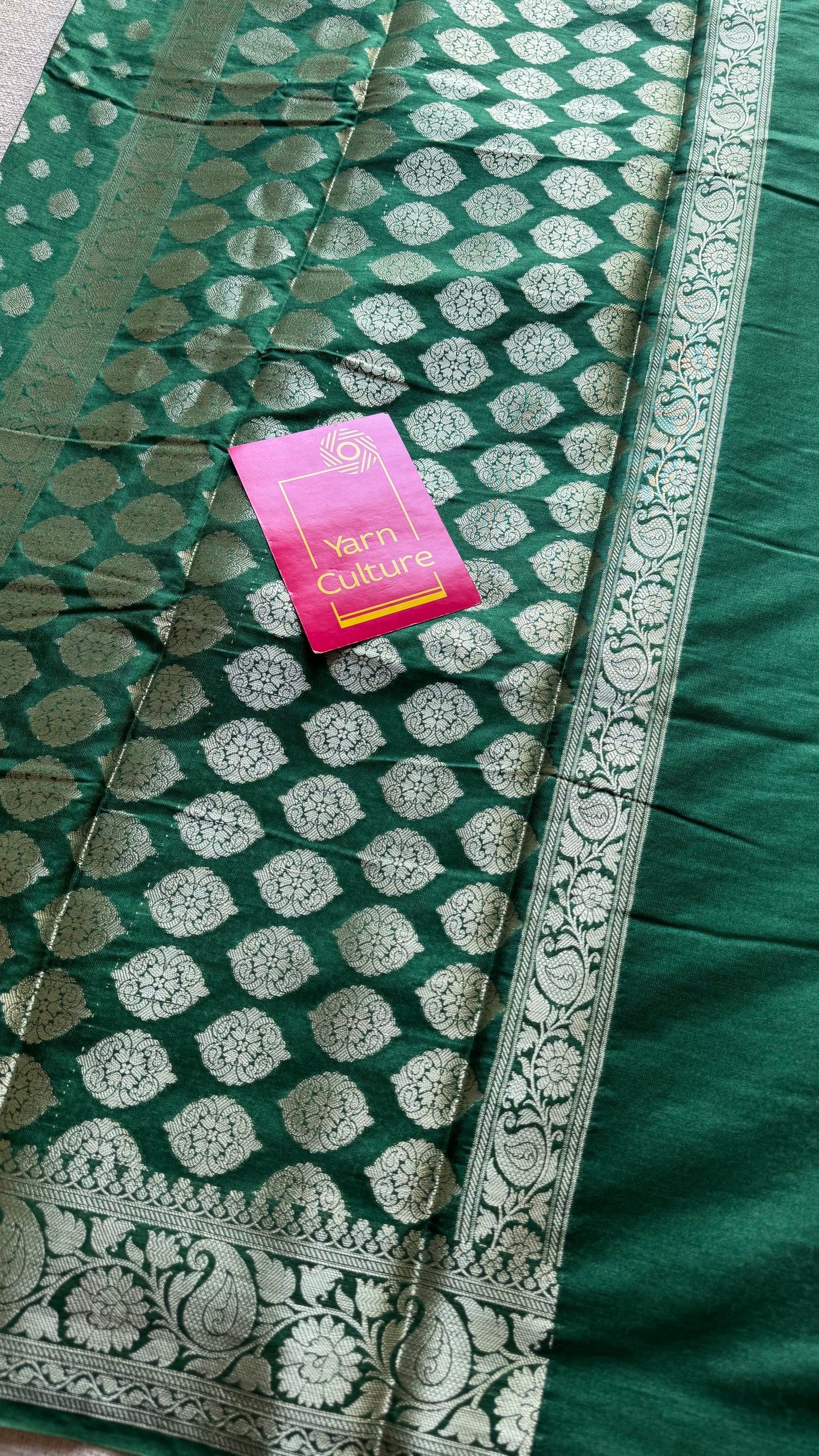 Bottle green, silver buttas and zari, Banarasi semi-silk - YCDESE40