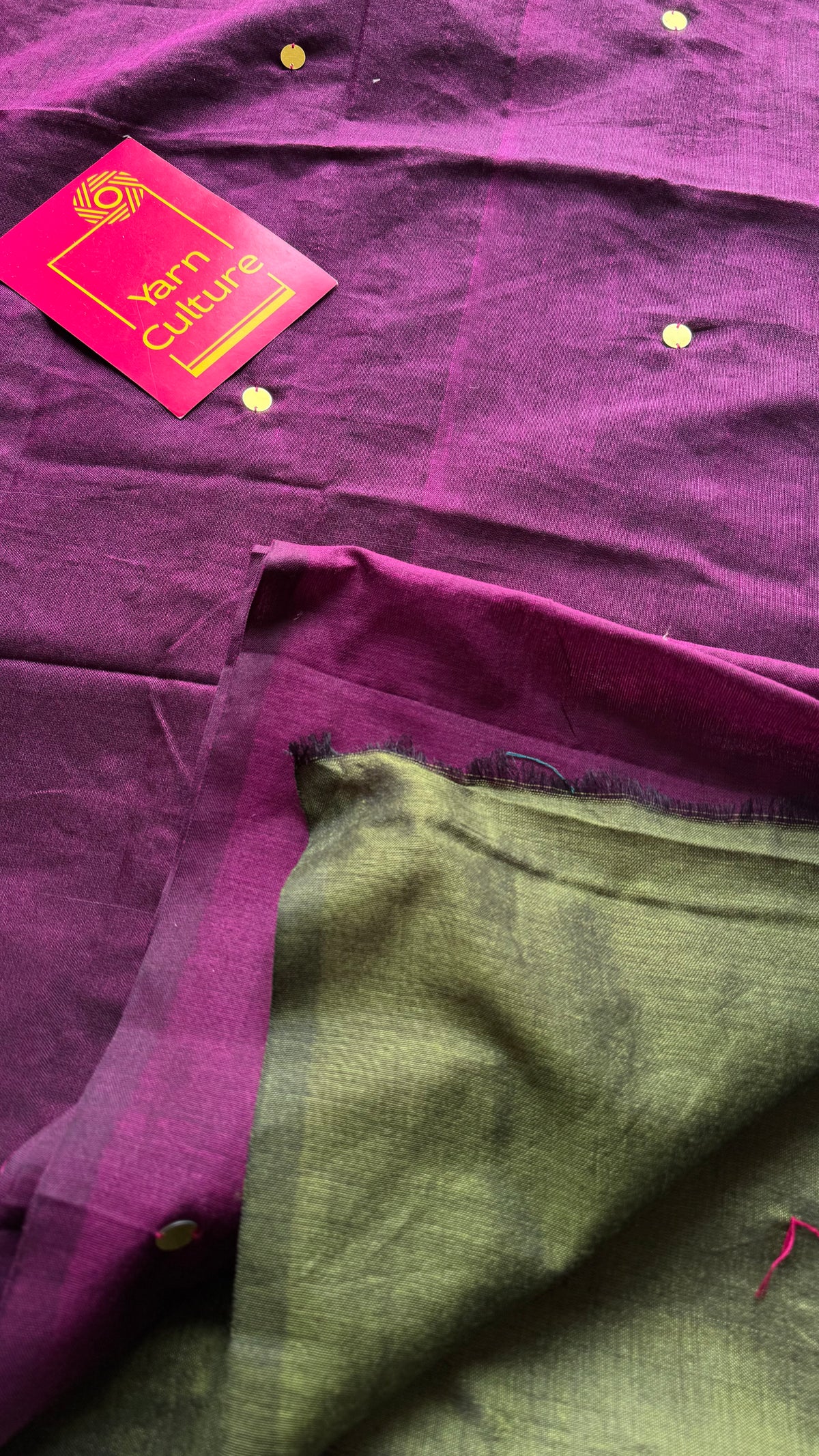Wine with olive green contrast pallu, gini sequins, soft cotton saree - YCBCSCOC06