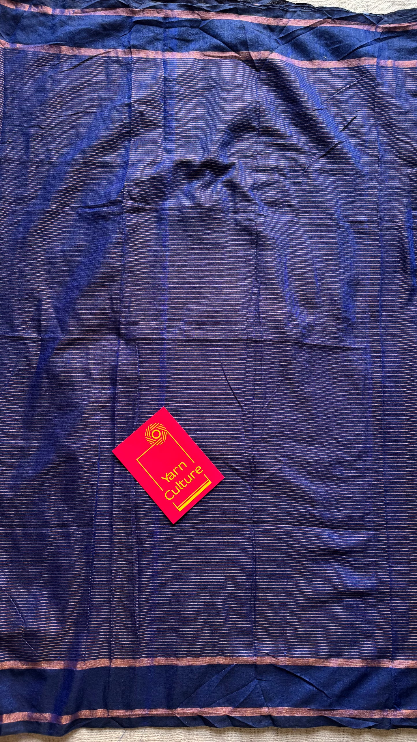 Dark indigo blue, gap border, antique gold zari stripes, soft cotton - YCBCKCZDE122