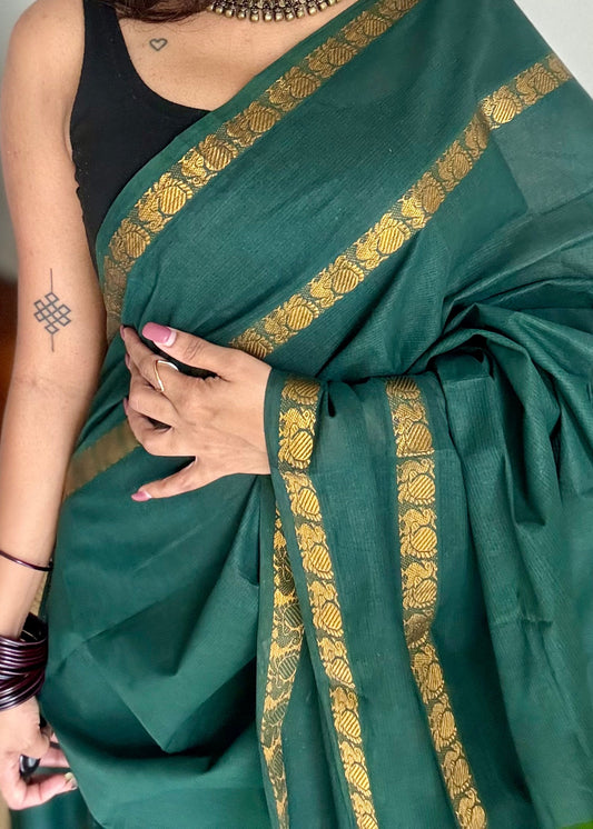 Dark green rettaipettu peacock gap border, kattuchayam dyed madurai cotton saree  - YCCOTNMSJUL02