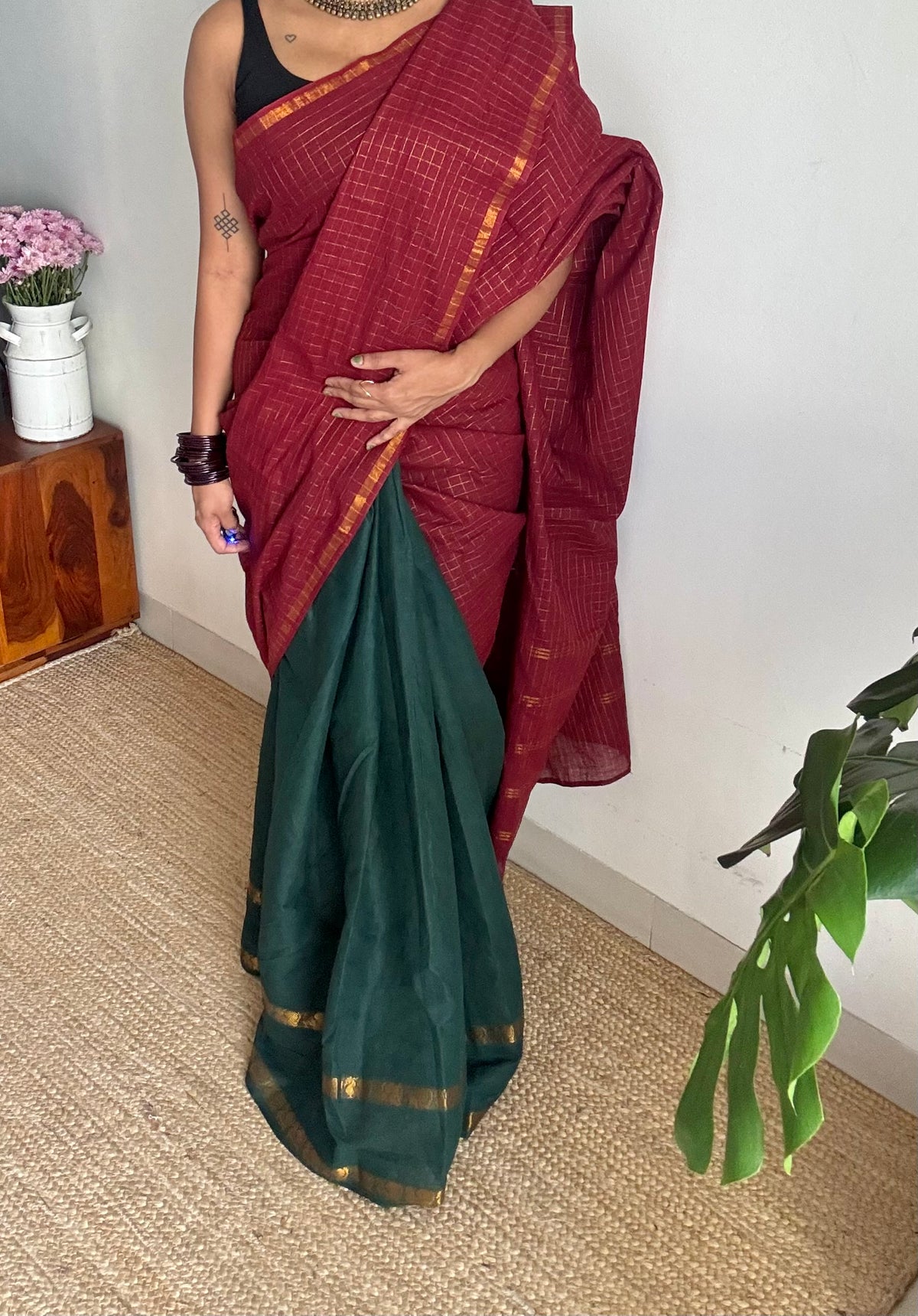 Maroon with dark green, sungudi cotton half and half saree - YCCOTNIDOC158