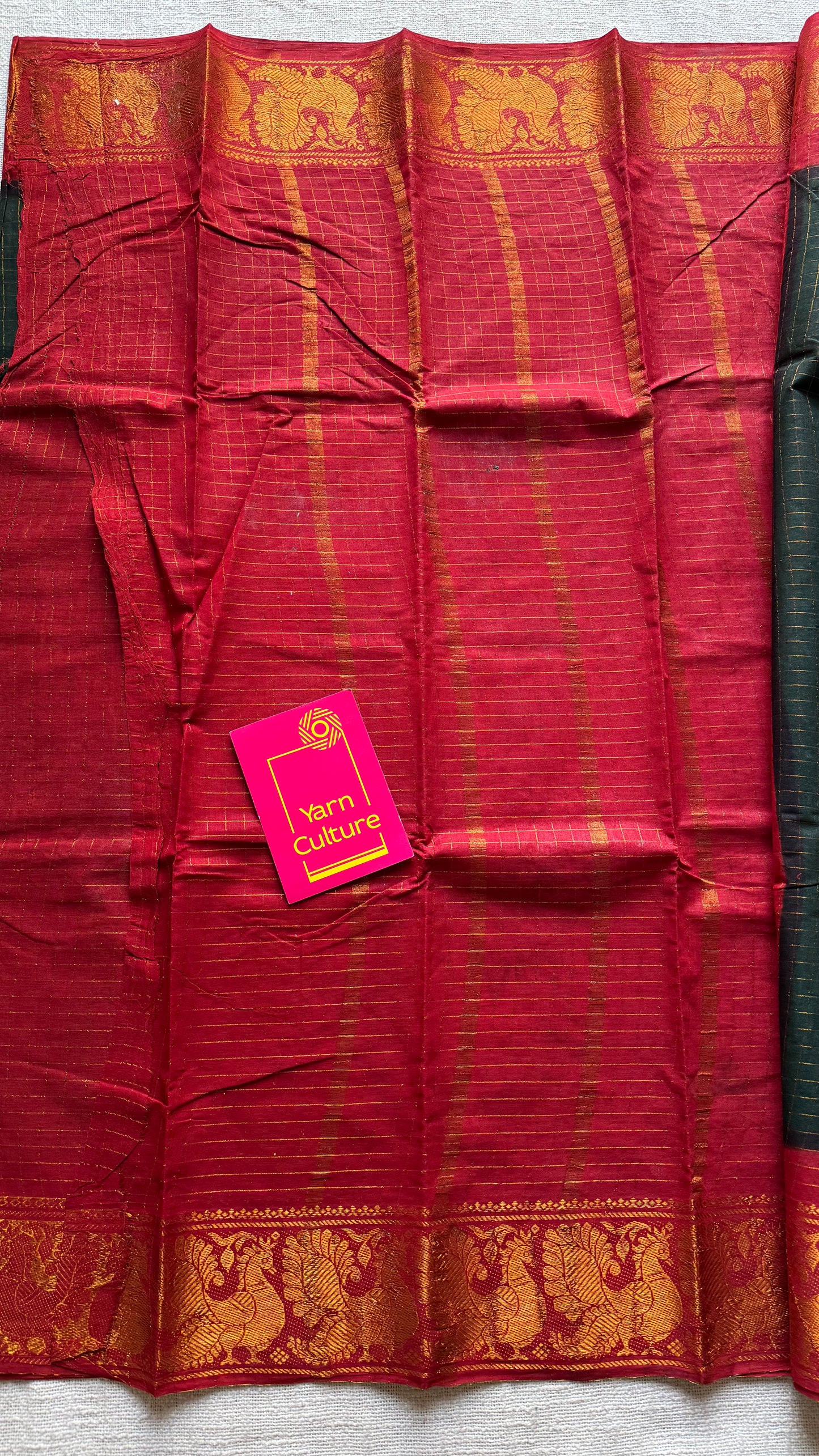 Dark green with red contrast, zari checkered sungudi, kattuchayam dyed madurai cotton - YCCOTNMSFE332