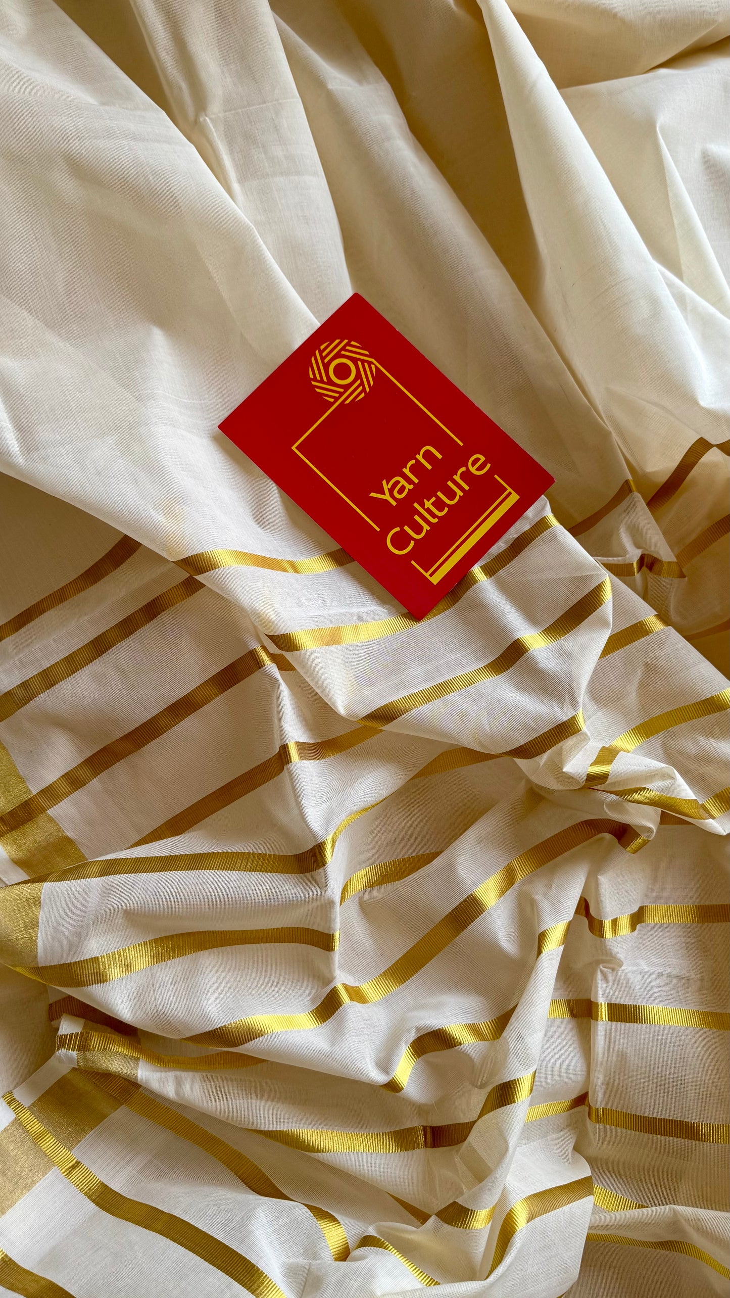 Handloom, woven in Chendamangalam Looms, ivory with gold striped pallu - YCIEON147