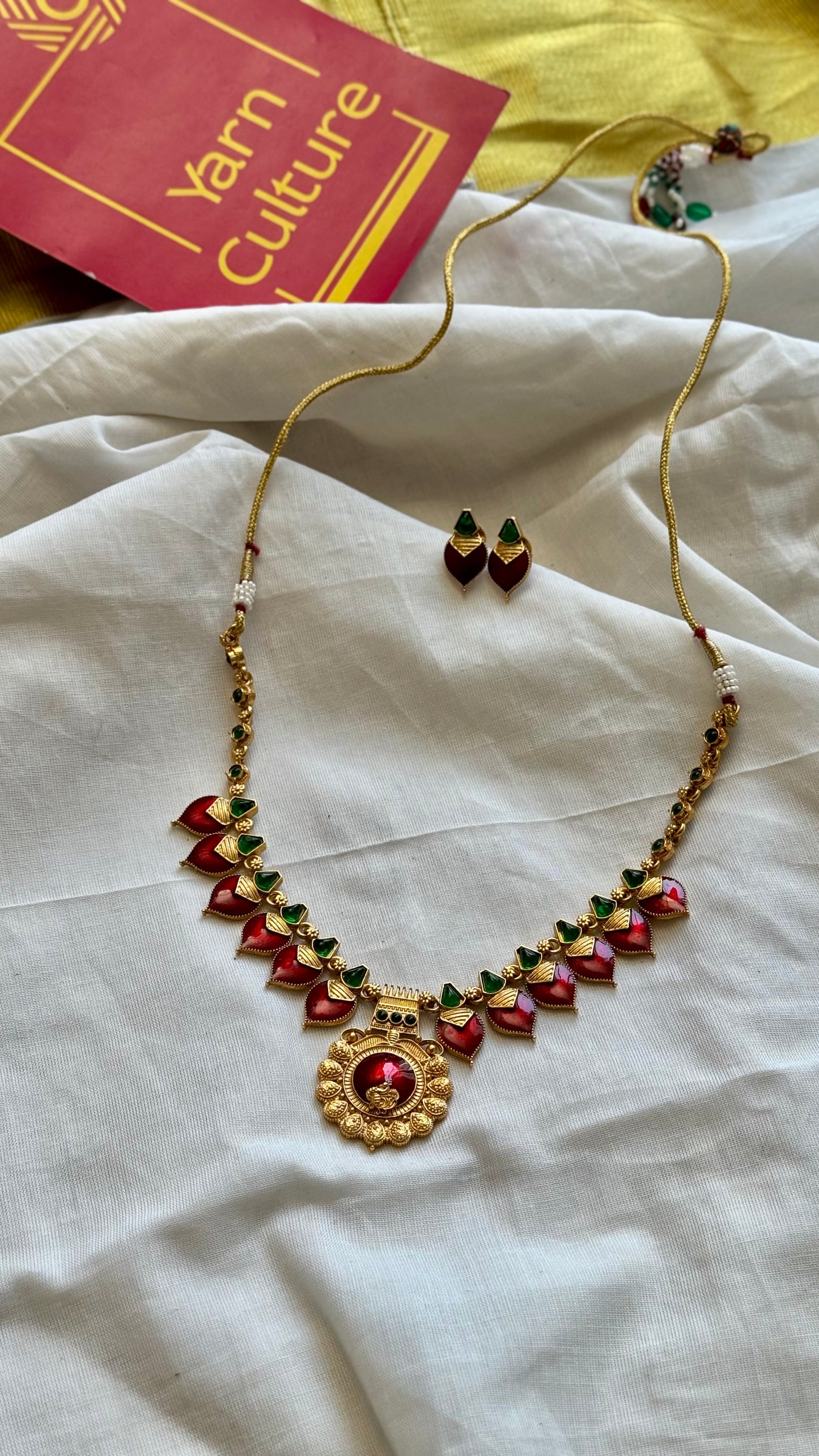 Red palakka pendant neckpiece, with earrings - YCGPNP632