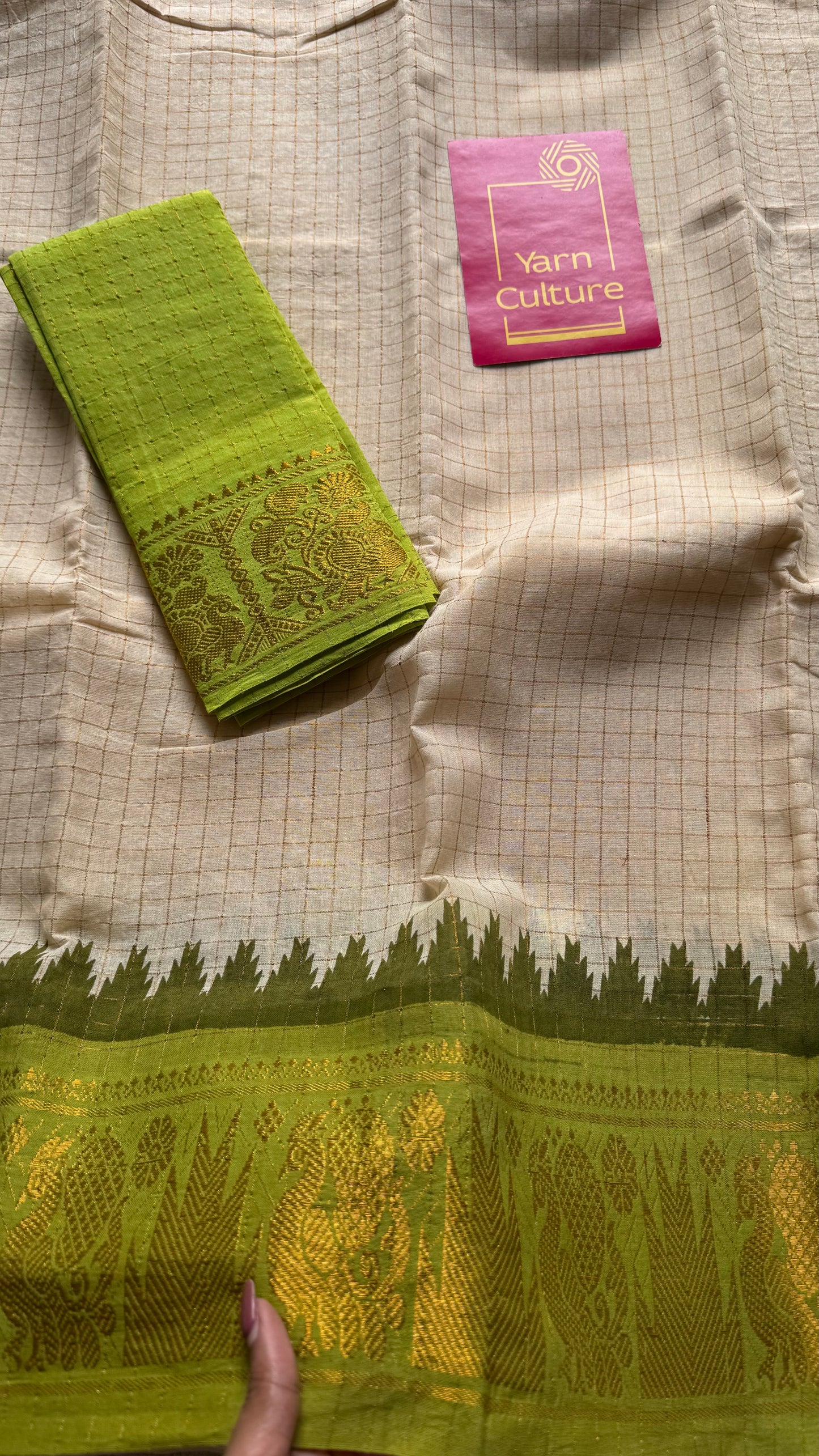 Sungudi cotton checks, ivory gold base, purple and lime green dual tone border, soft cotton - YCCOTNMSJUL08
