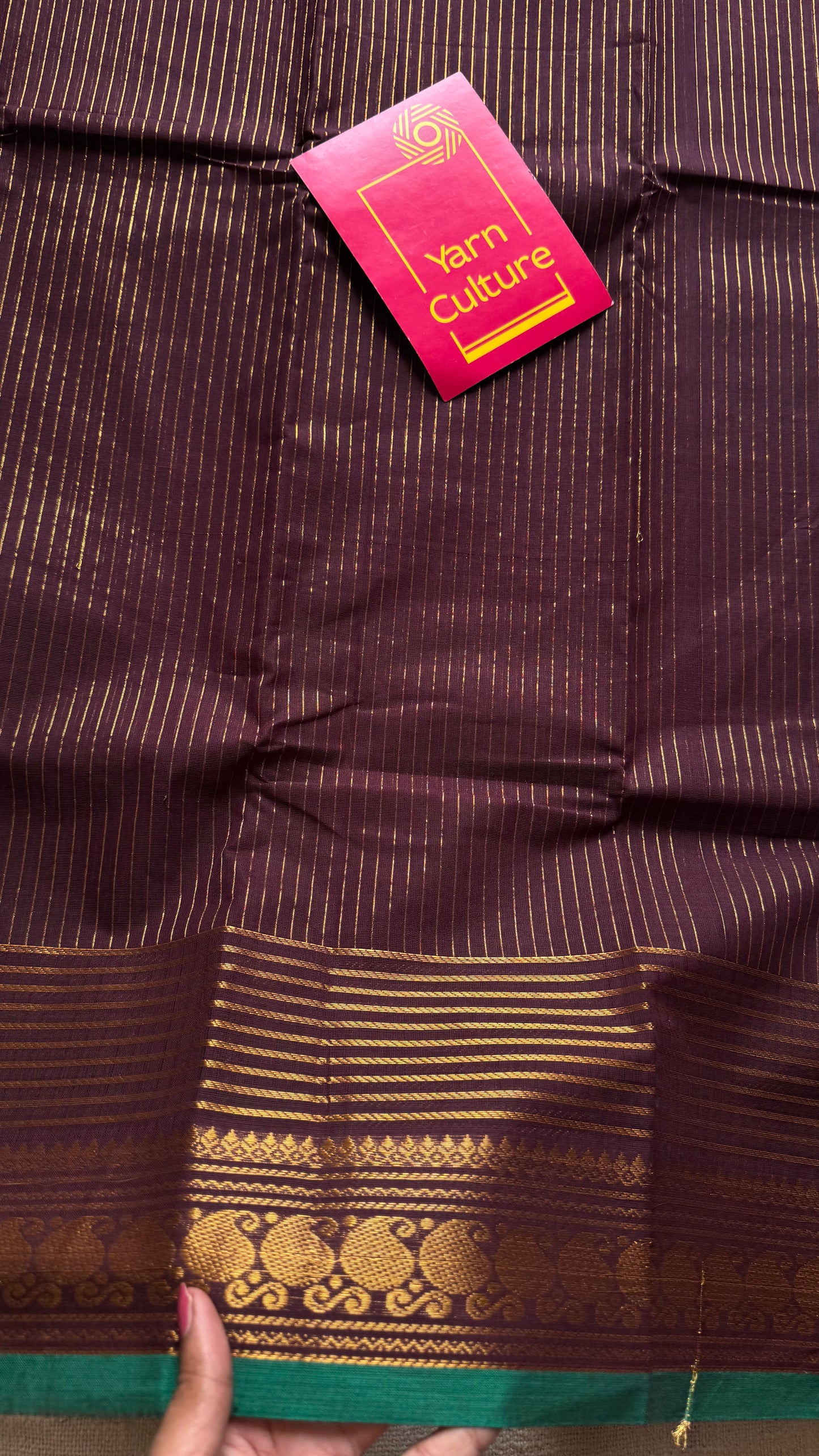 Kanchi cotton saree, brownish maroon with gold stripes, paisley border - YCCOTNAP93