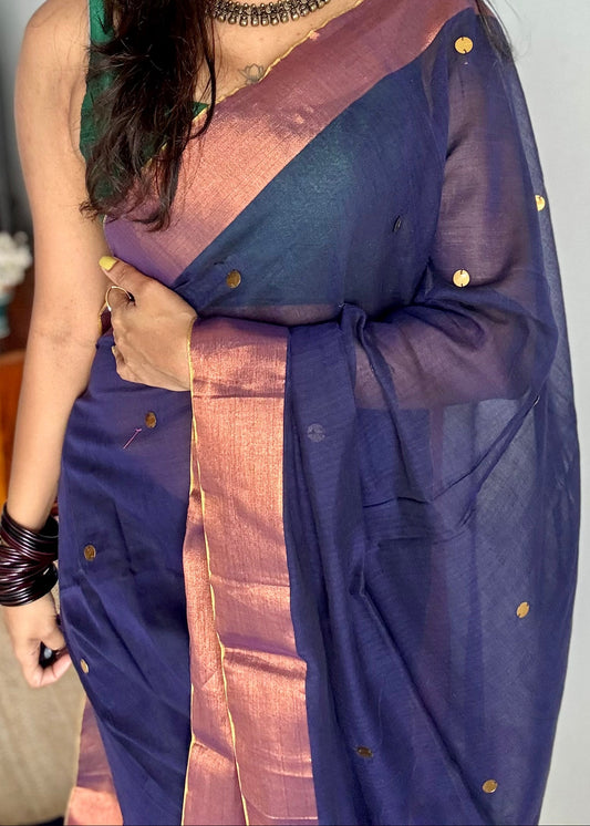 Dark blue mul with gini sequins and copper zari border - YCBCMCNO59