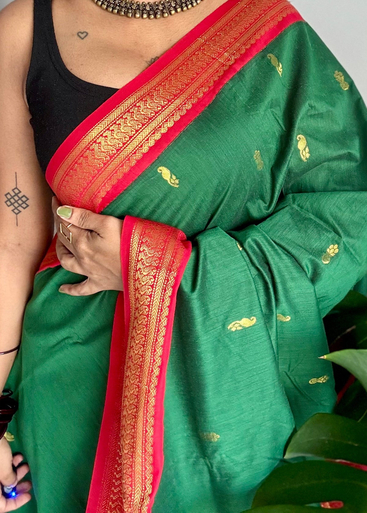 Green with red, cotton silk saree with zari border - YCCOTNKCOC108