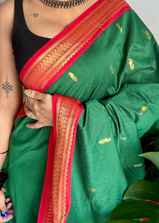 Green with red, cotton silk saree with zari border - YCCOTNKCOC108