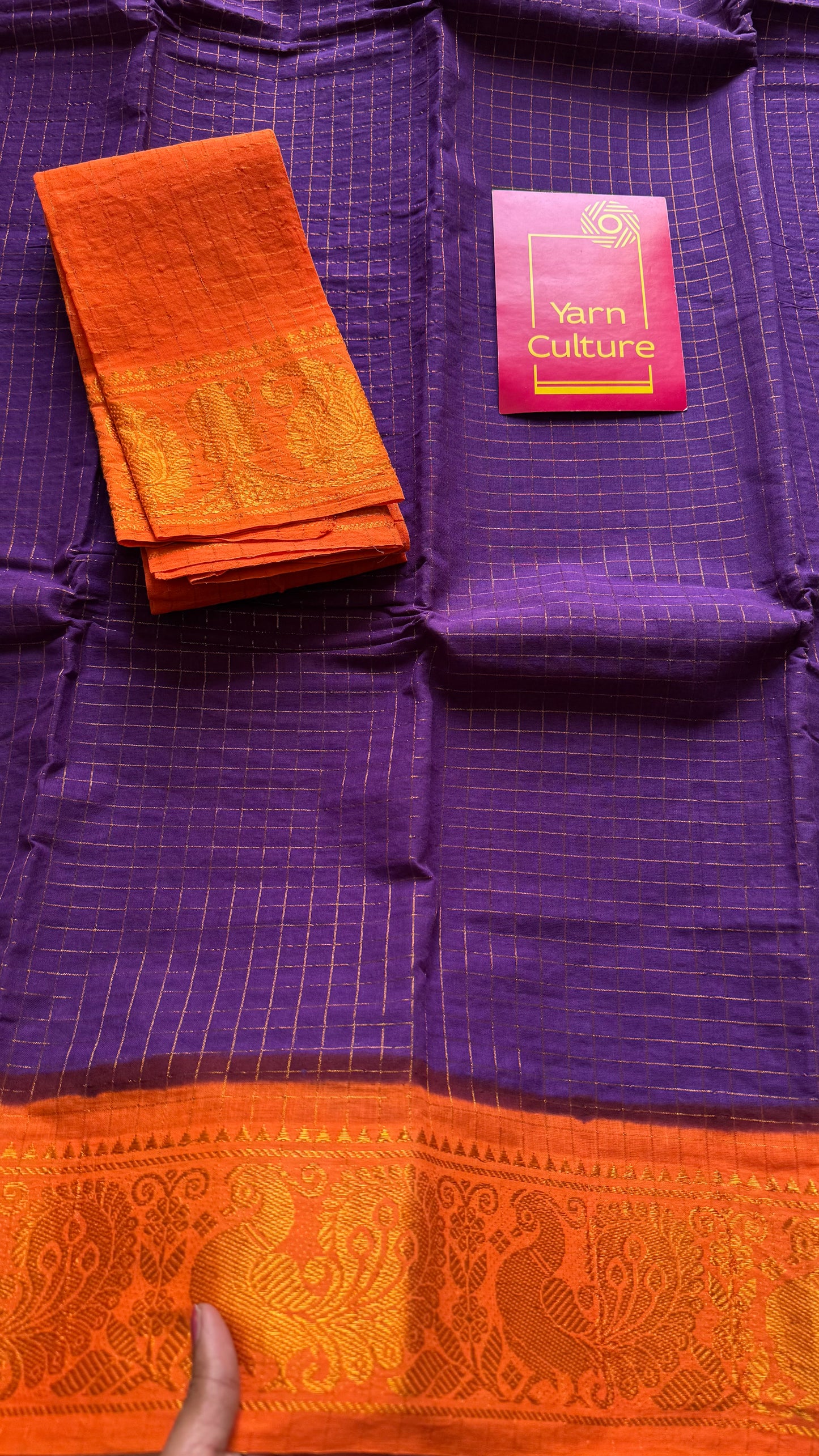 Purple with orange contrast zari checkered sungudi, kattuchayam dyed madurai cotton - YCCOTNMSAP195