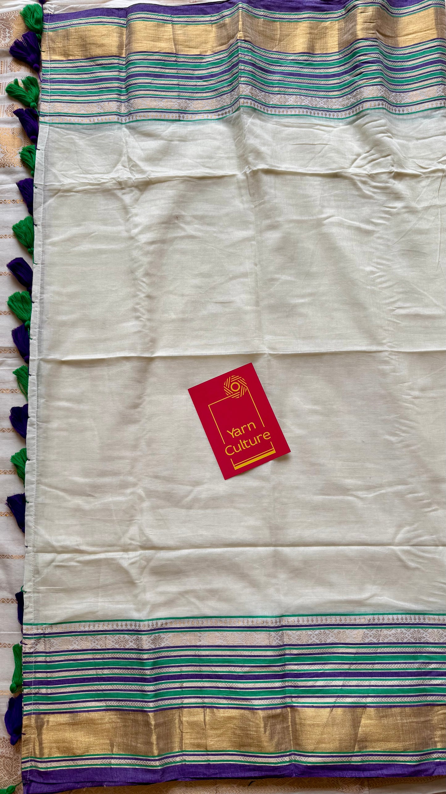 Ivory mul saree, purple, green and gold kanchi border - YCIEON29