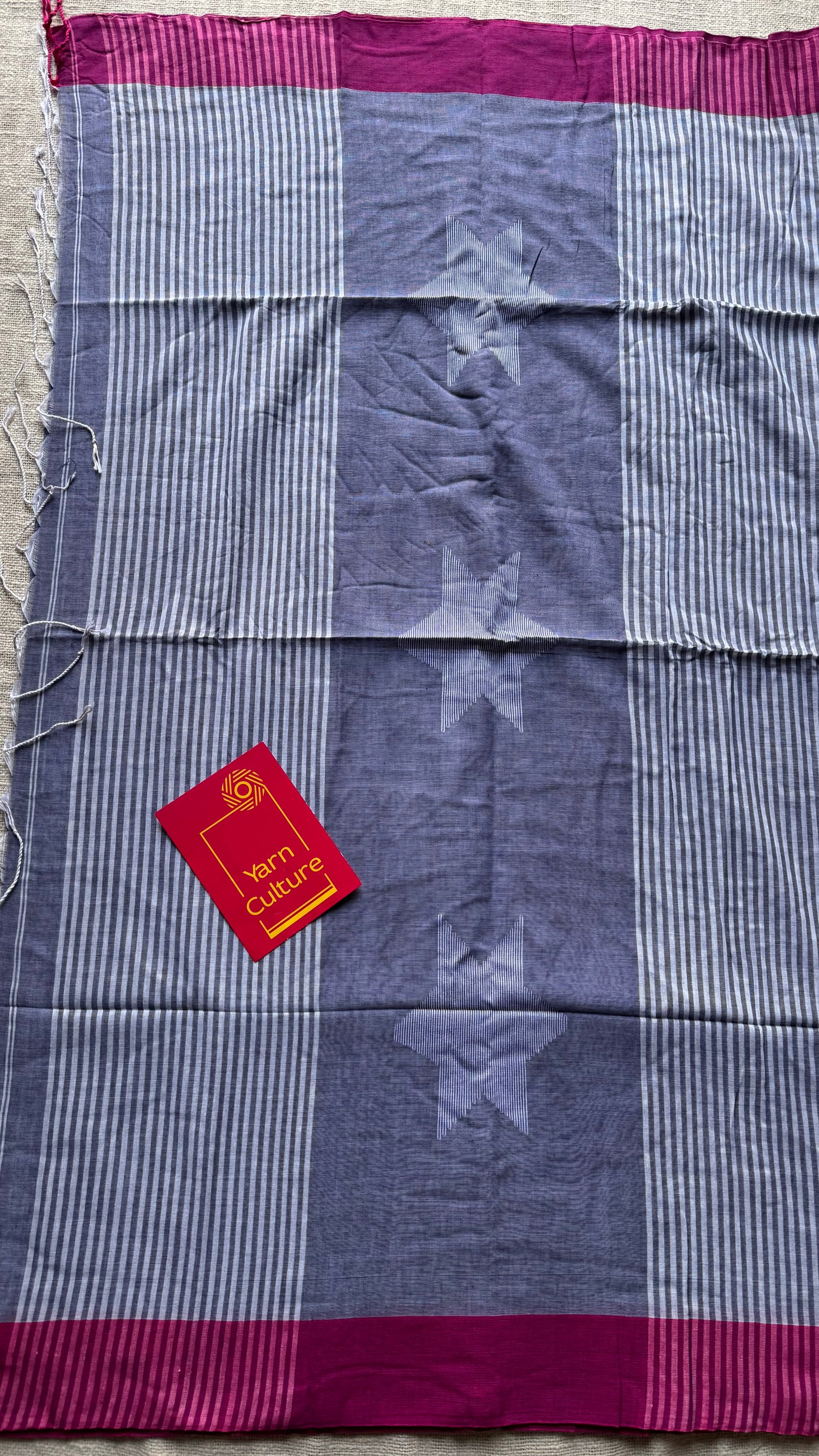 Cool grey with purple pink borders, temple motif woven threadwork, soft cotton - YCBCMKCDE30