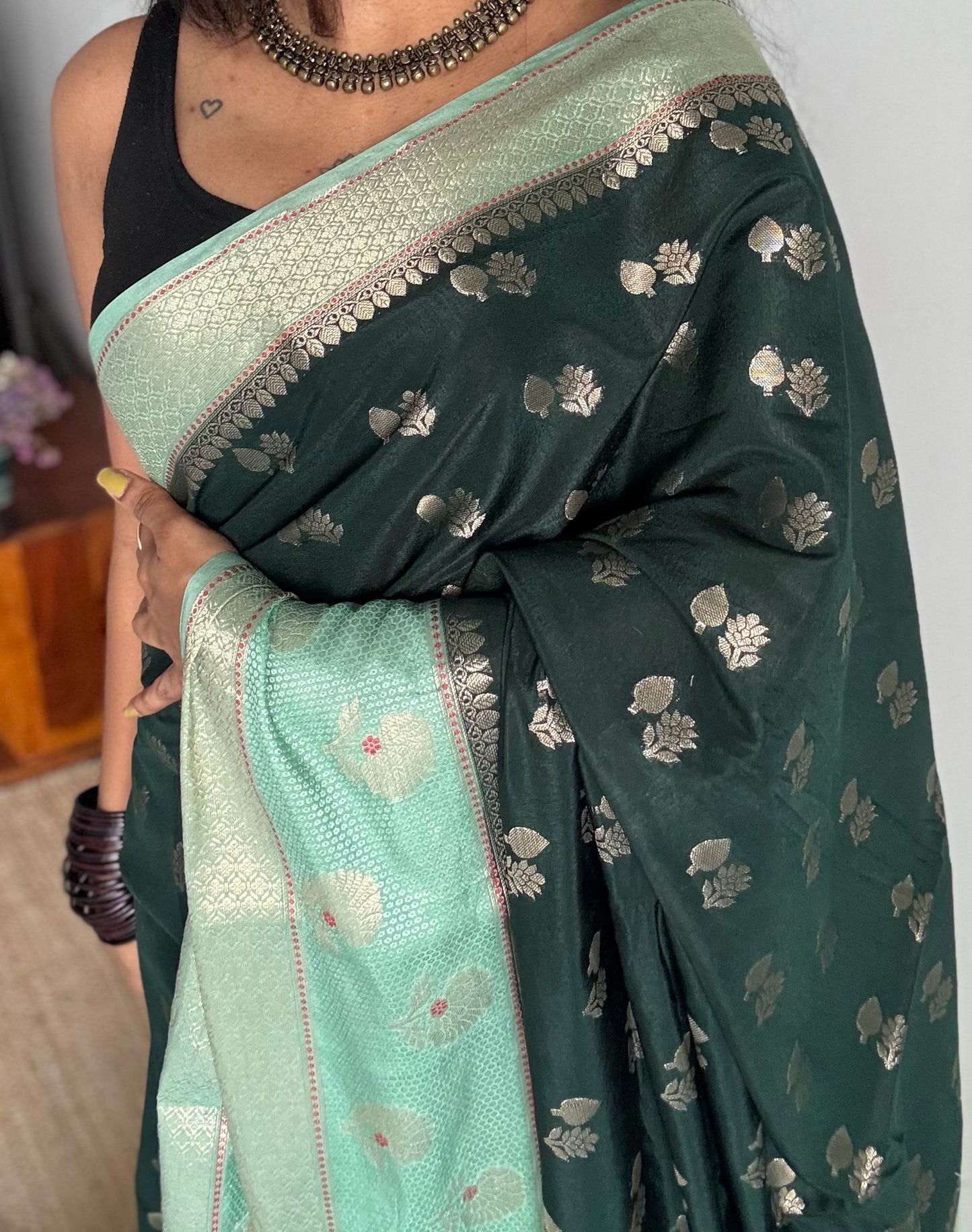 Dark green with pastel green border, semi dupion silk - YCBLSSJA25