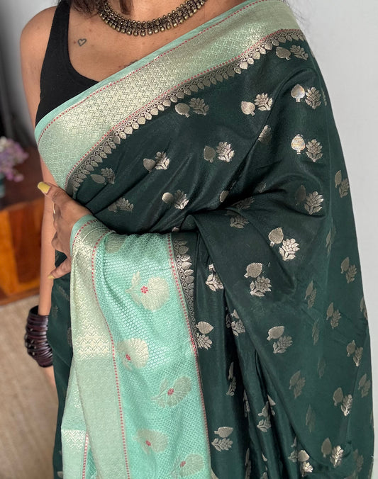 Dark green with pastel green border, semi dupion silk - YCBLSSJA25