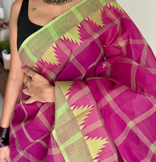 Chettinad cotton saree with magenta and lime green checks, temple motif border - YCCOTNAP69