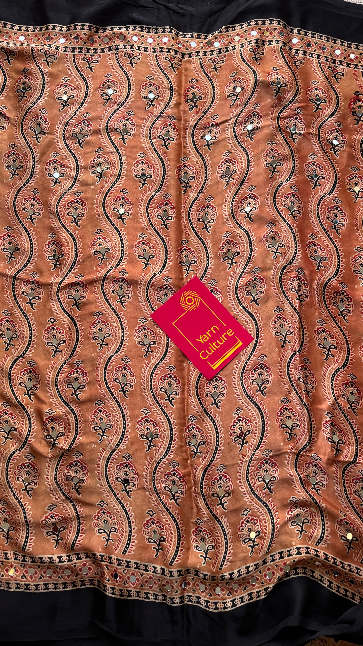Light clay brown pure modal silk saree with ajrakh handblock print and mirror work, gold zari pallu - YCTOKAJM341