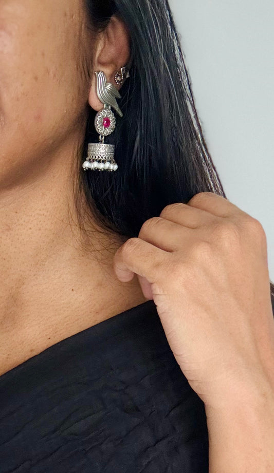 Bird Jhumka, pink stone, black polished oxidised silver - YCOSEJ450