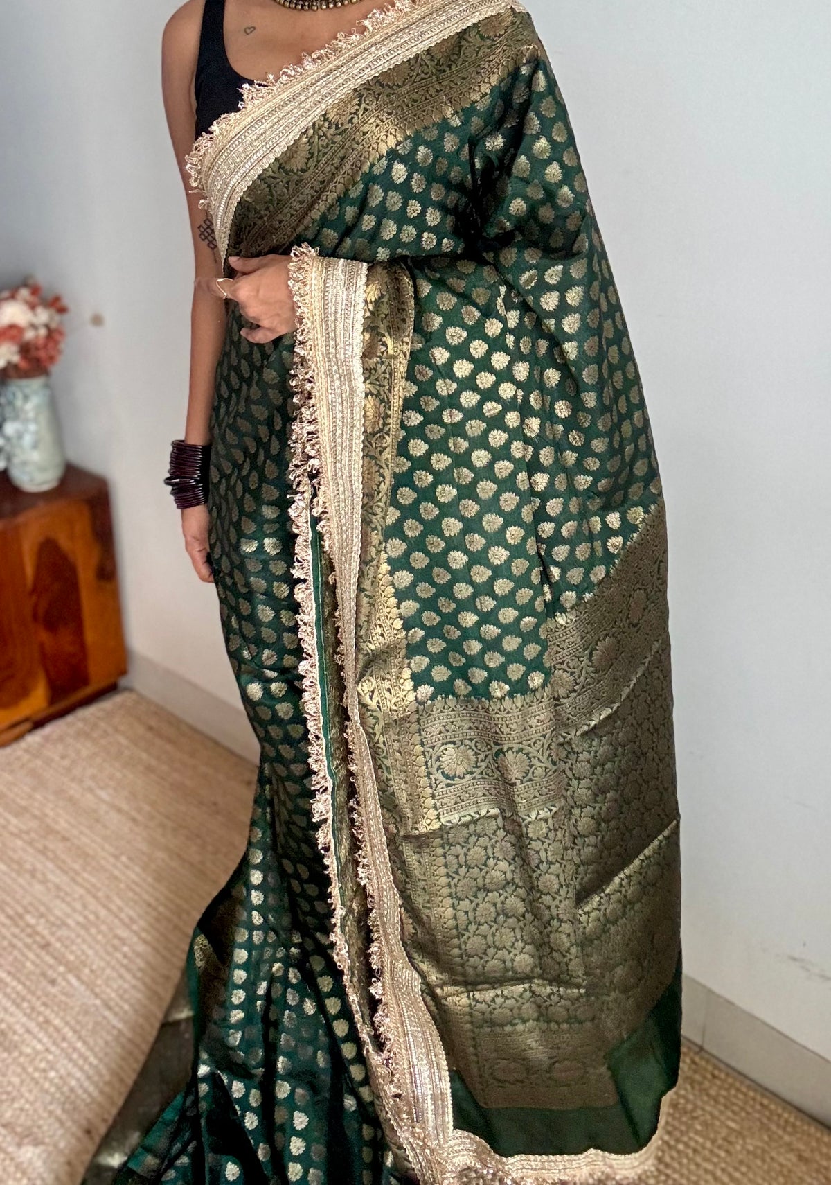 Dark green Banarasi semi-georgette saree with embellished lace border - YCBLTOC75