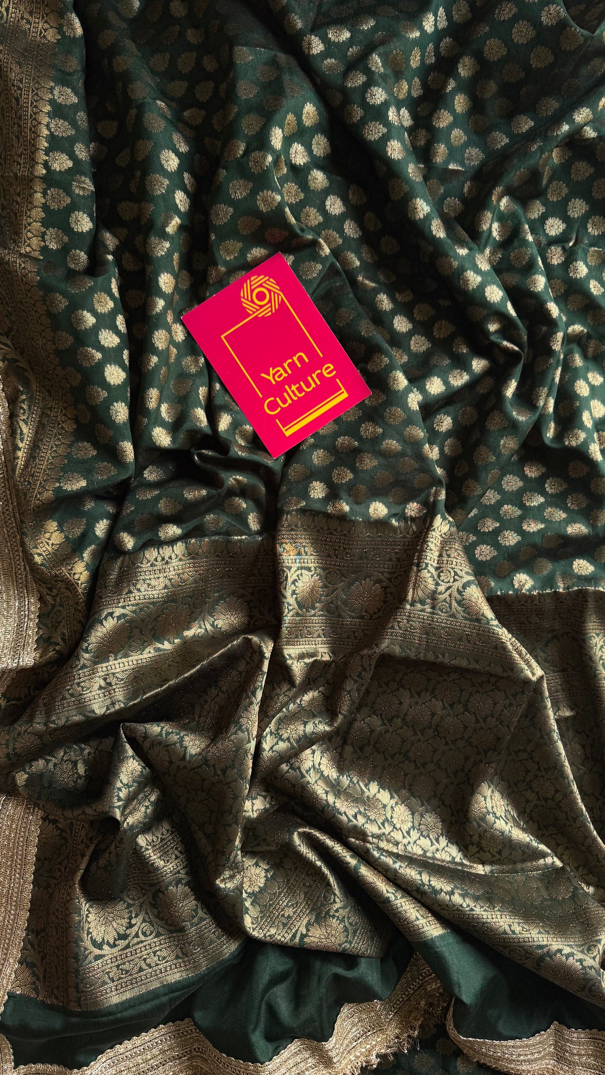Dark green Banarasi semi-georgette saree with embellished lace border - YCBLTOC75