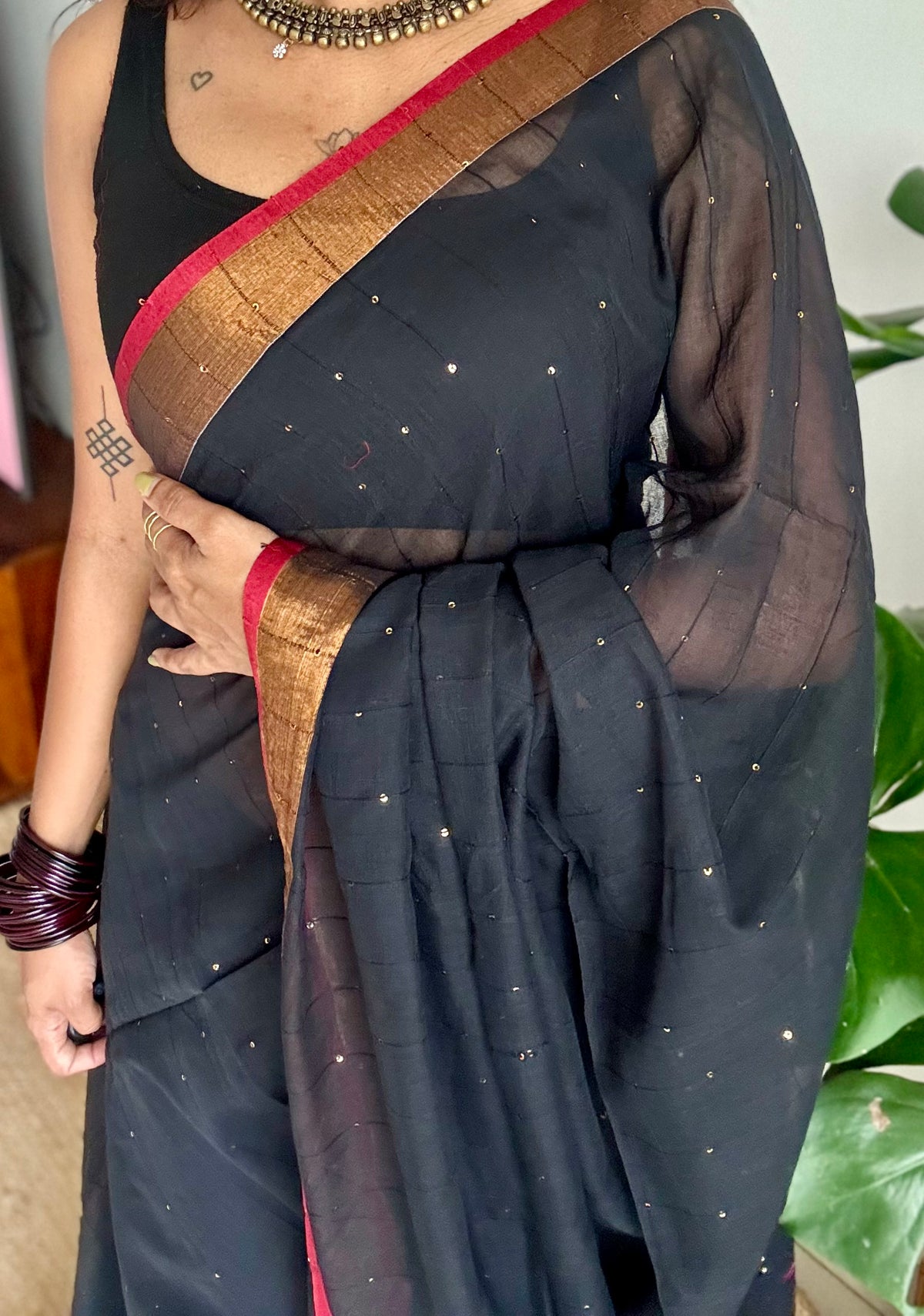 Black mul cotton saree with sequins and zari border - YCBCMCSE29