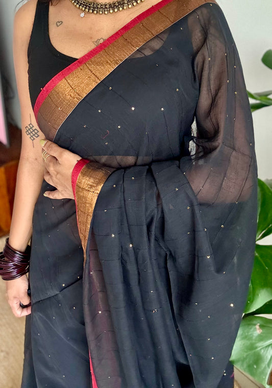 Black mul cotton saree with sequins and zari border - YCBCMCSE29